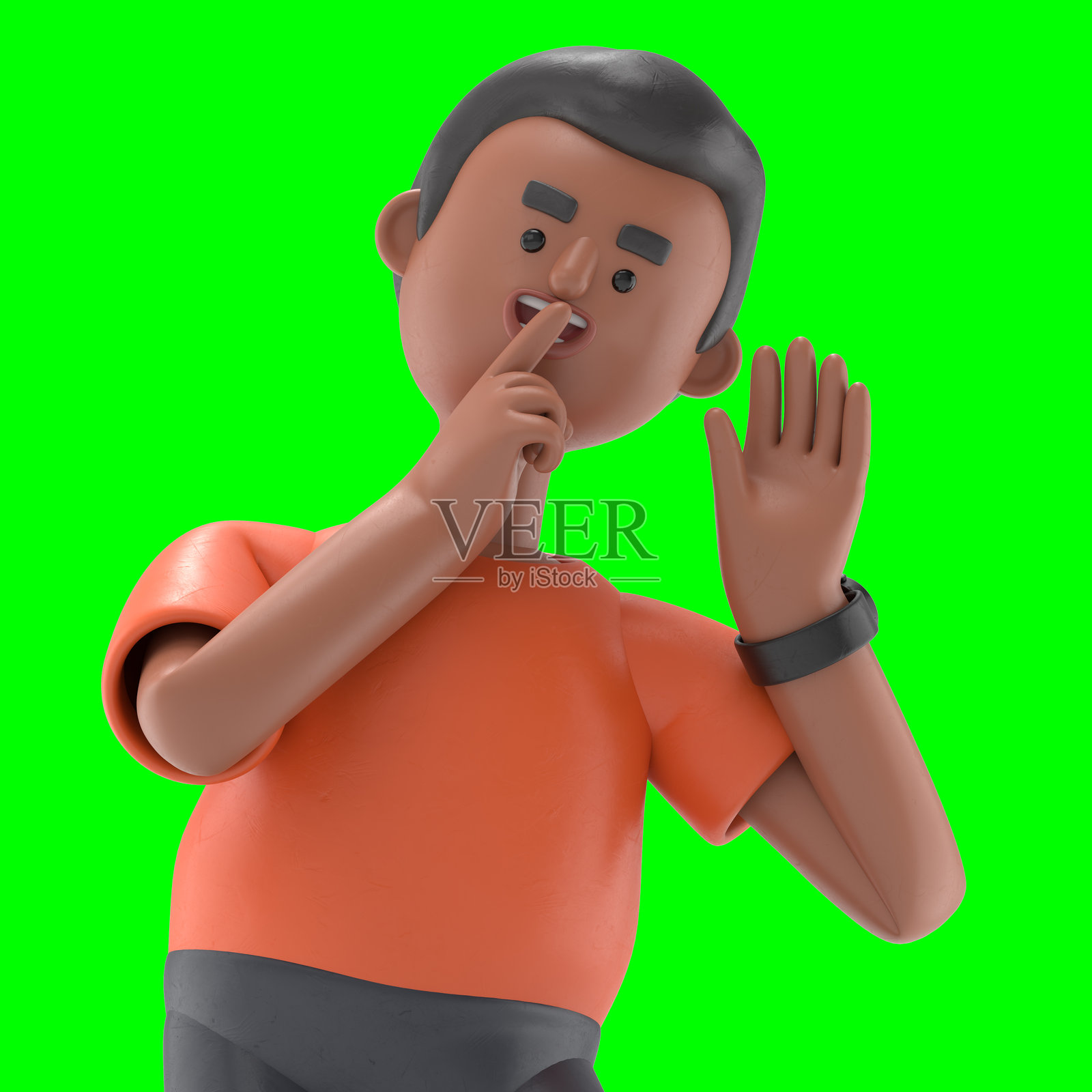 3D插图：英俊的非洲裔男子以偷听姿势站立。绿色屏幕模型。3D渲染在绿色屏幕上，用于视频素材和抠图。照片摄影图片