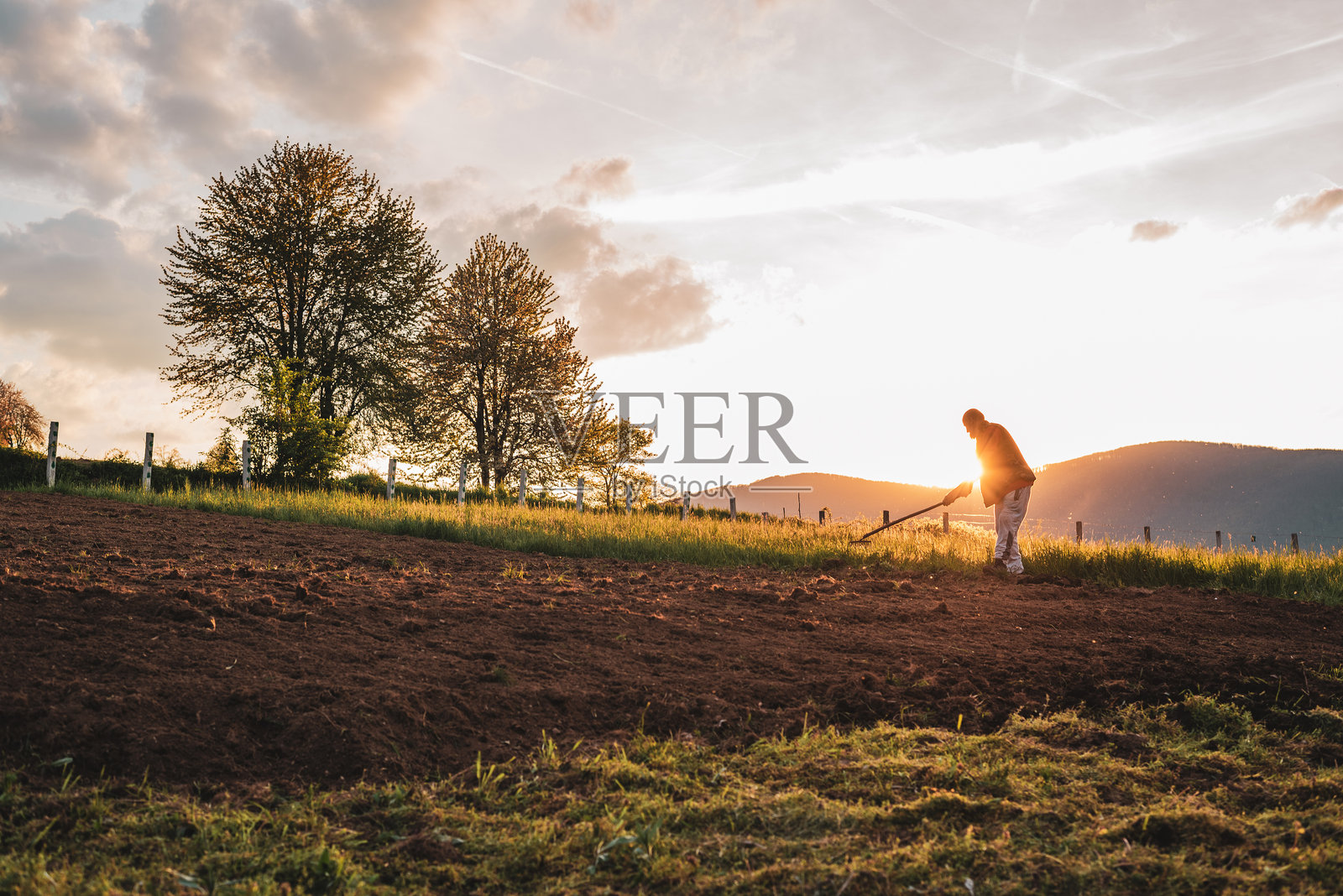 春天，农民在农业田地里工作。照片摄影图片