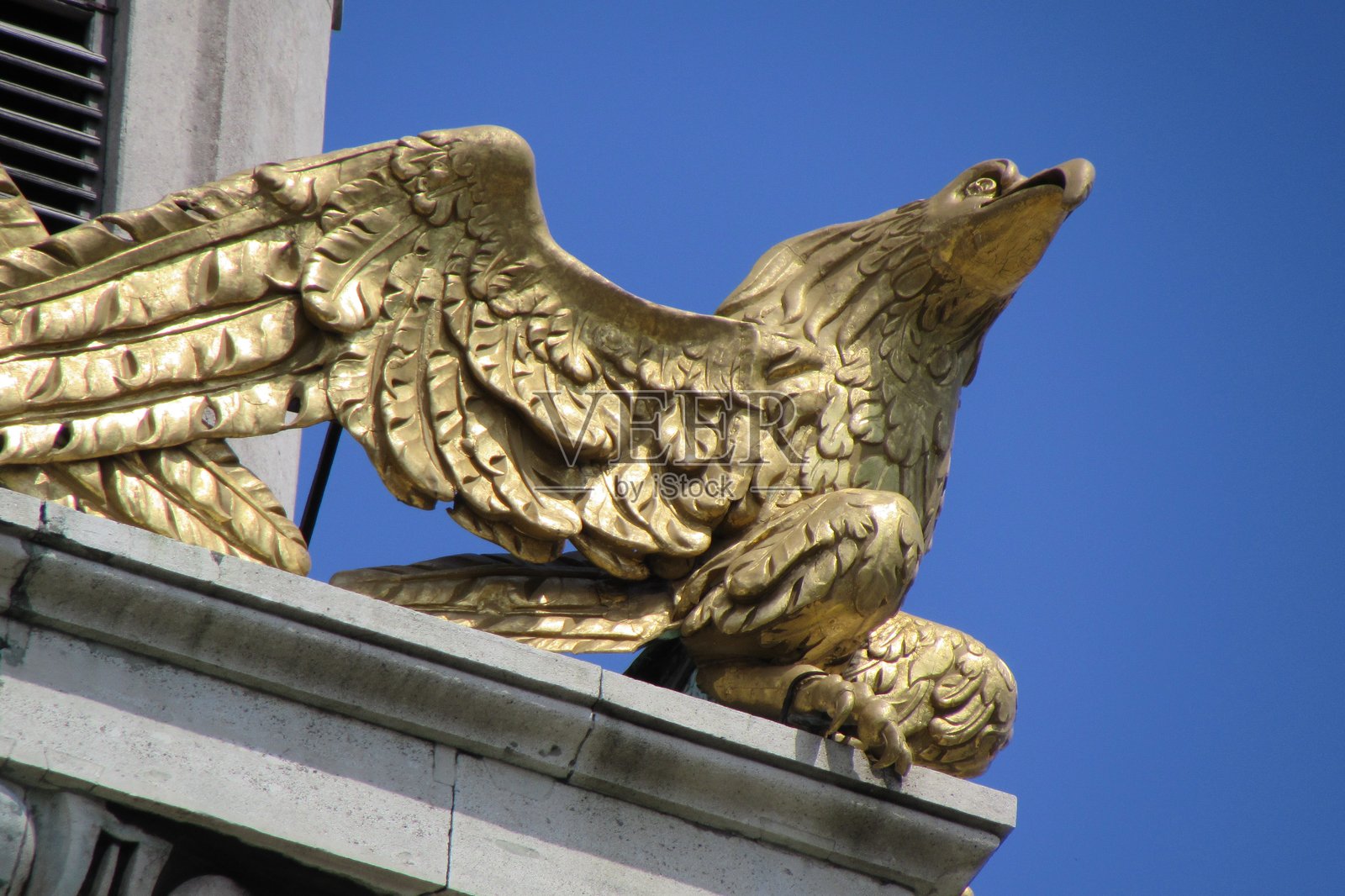 维也纳圣查尔斯教堂上的金雕特写，背景是蓝天照片摄影图片