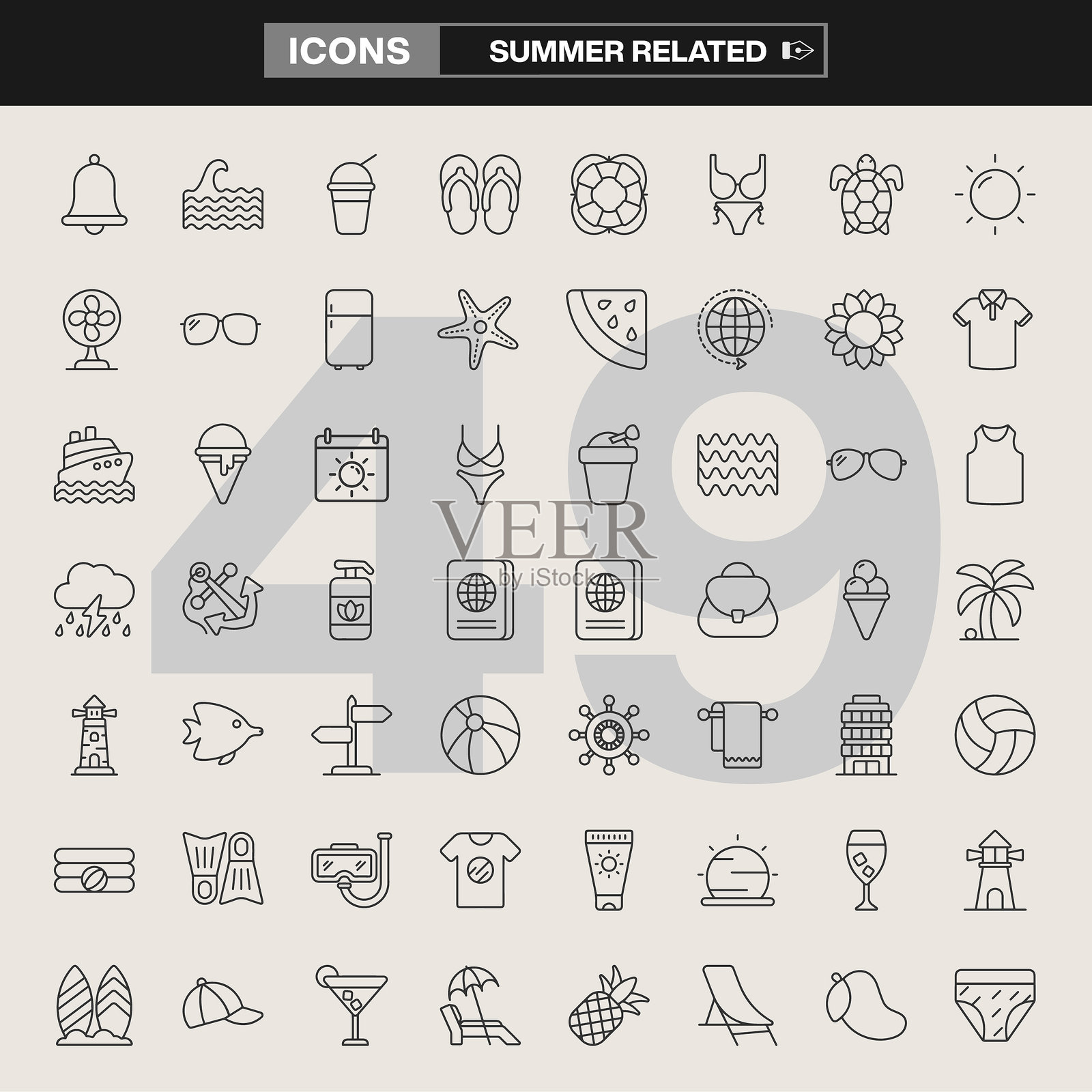 一组包含49个夏季相关图标，涵盖度假必需品、海滩符号、自然元素、旅行装备和季节性活动。非常适合假日品牌、UI/UX设计、信息图表和休闲项目。插画图片素材