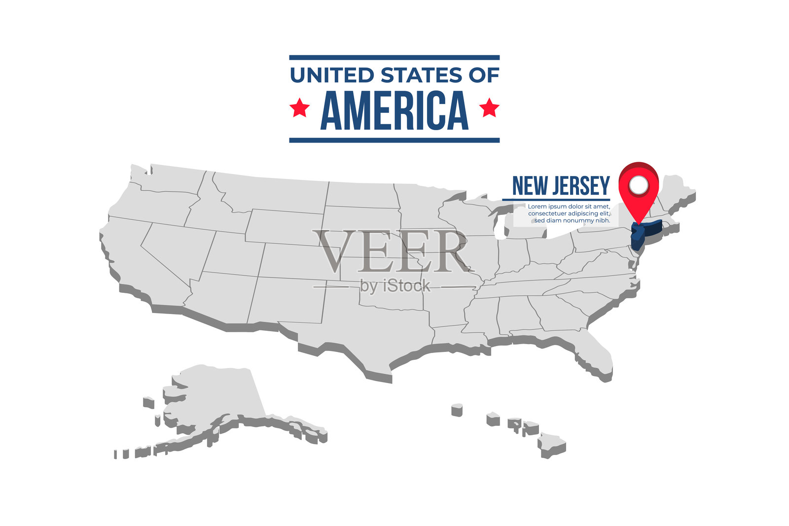 新泽西州在美国的3D等距地图上被突出显示插画图片素材