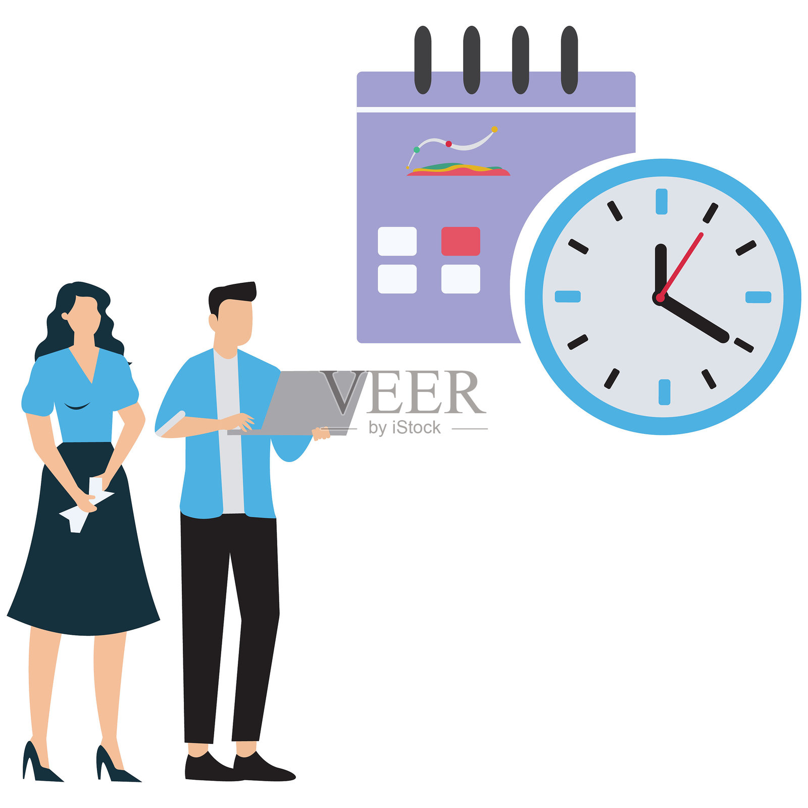 商人和女商人一起在日历规划器上工作，以安排和组织团队会议。插画图片素材