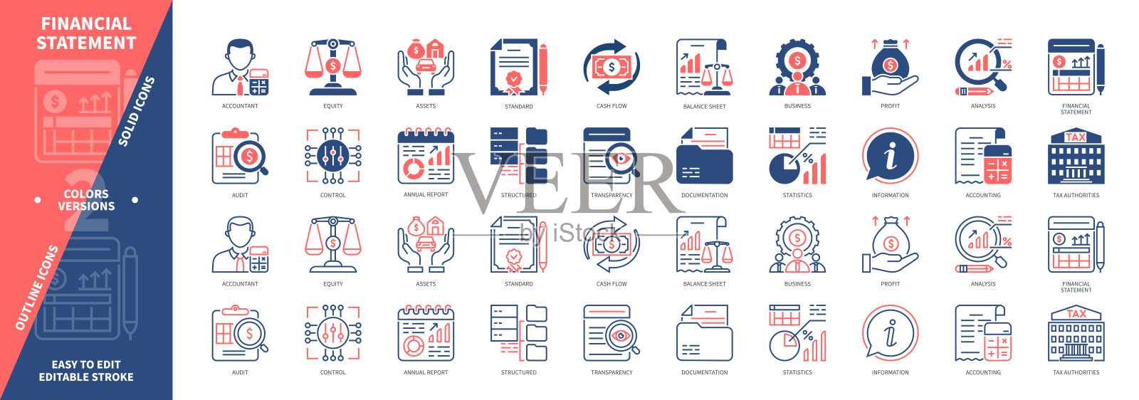 财务报表的坚实轮廓集插画图片素材