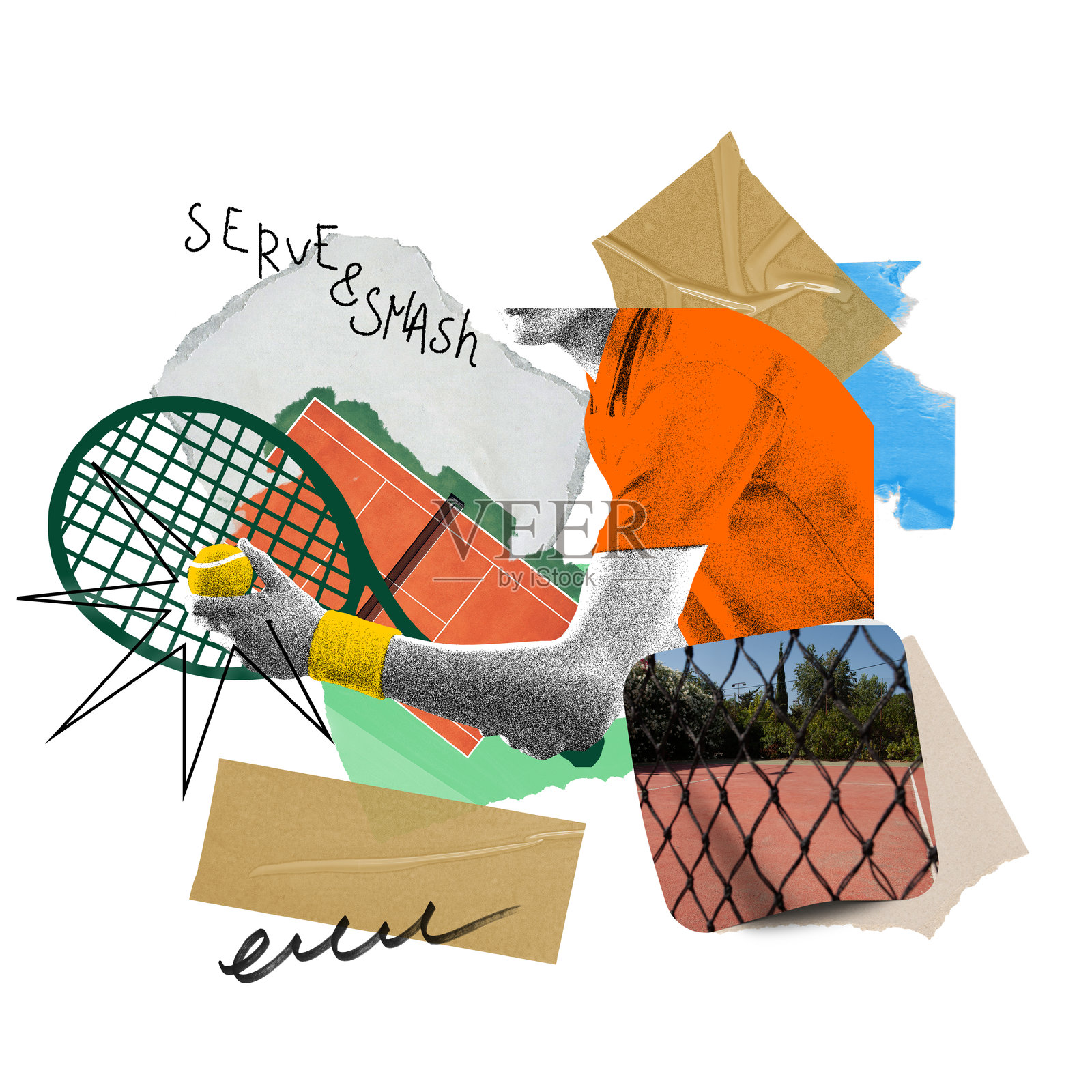 海报。现代艺术拼贴。穿橙色衬衫的运动员准备发球，紧握球拍，背景是球场纹理和大胆的文字。照片摄影图片