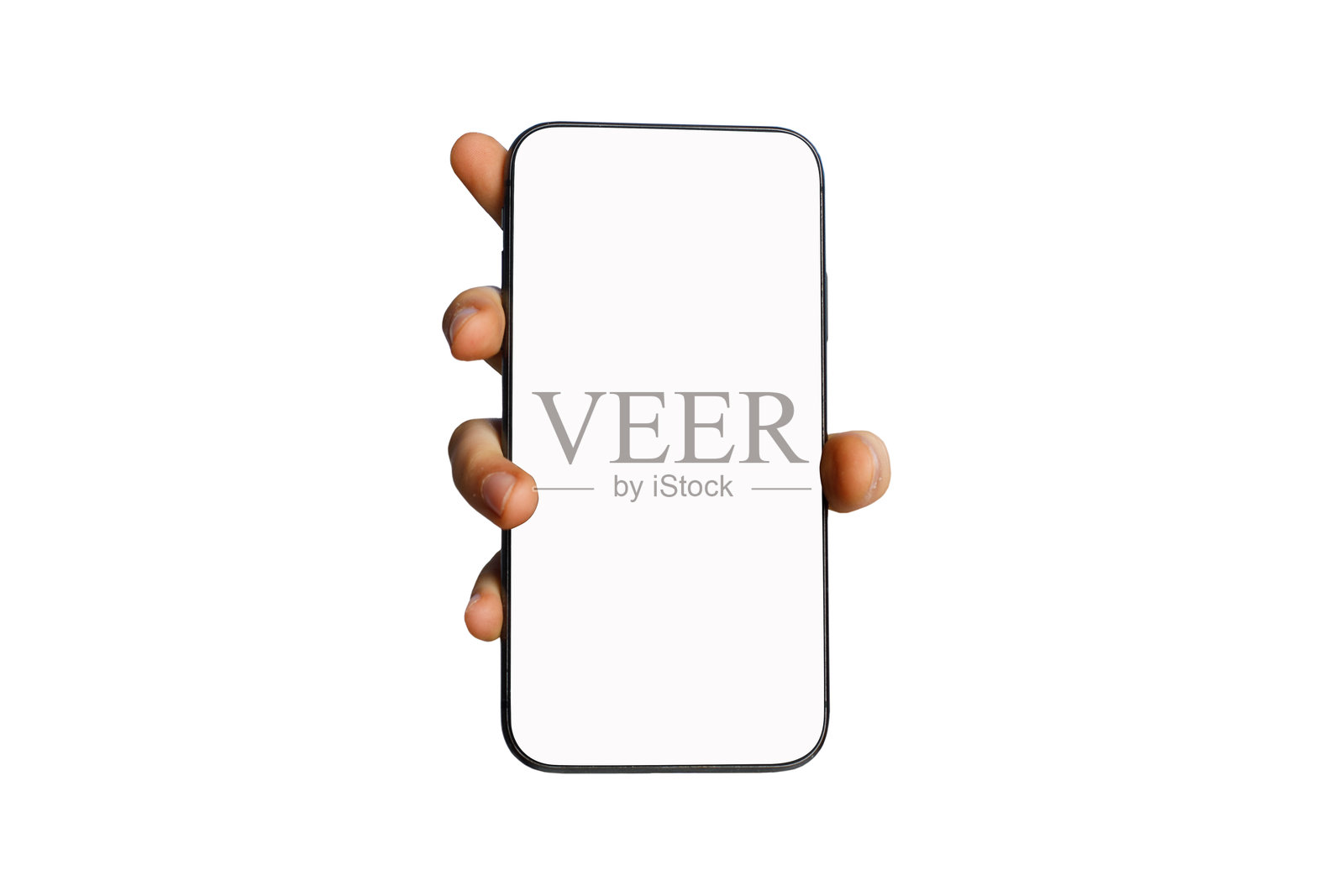 手持智能手机，屏幕上显示空白的白色界面，用于新应用程序或移动网站的展示，模拟横幅照片摄影图片