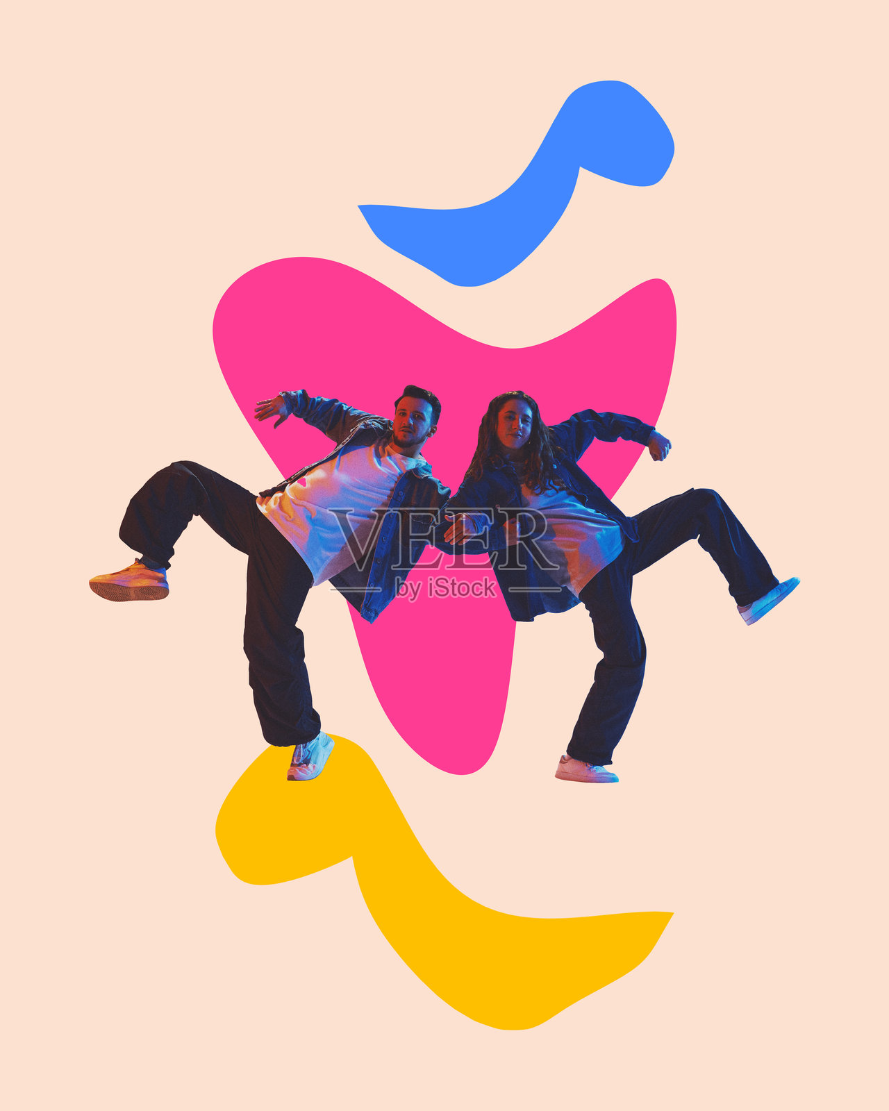 海报。现代艺术设计。身穿牛仔服的二人定格在富有表现力的舞步中，背景是生动的抽象形状。适合时尚和舞蹈宣传活动。照片摄影图片