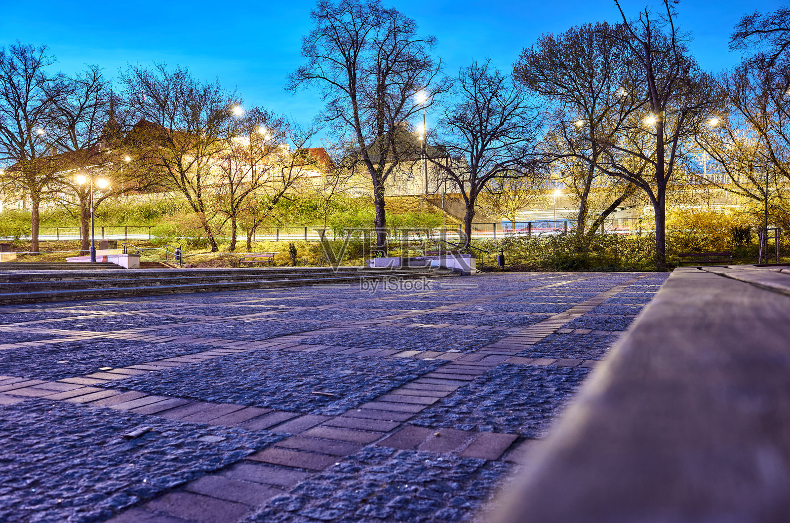 公园里有长椅和人行道照片摄影图片