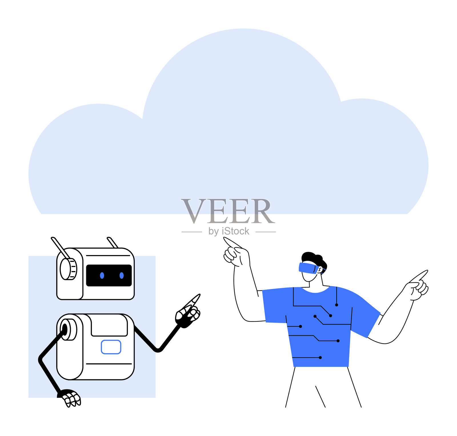 人工智能与人类合作探索云技术与虚拟现实互动插画图片素材
