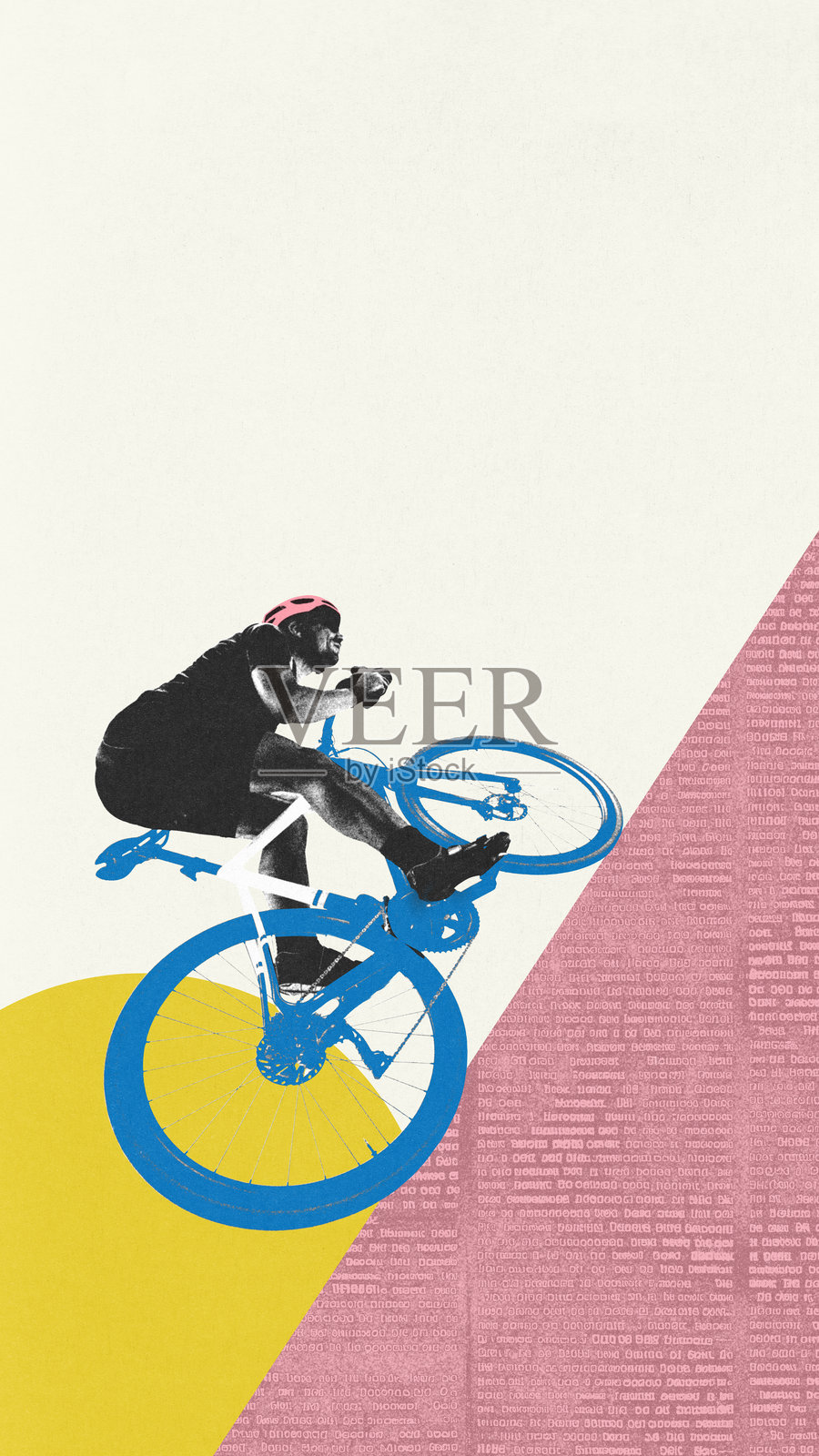 概念拼贴艺术作品。骑自行车的人戴着粉色头盔在数字坡道上，就像在比赛中的山丘一样。速度爆发。明亮的纹理构图。照片摄影图片