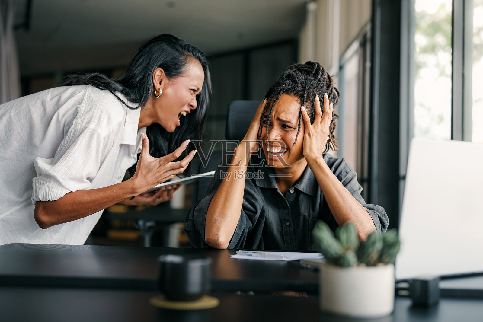 同事在工作场所争论，管理层对文件意见不合，发现合同中的错误照片摄影图片