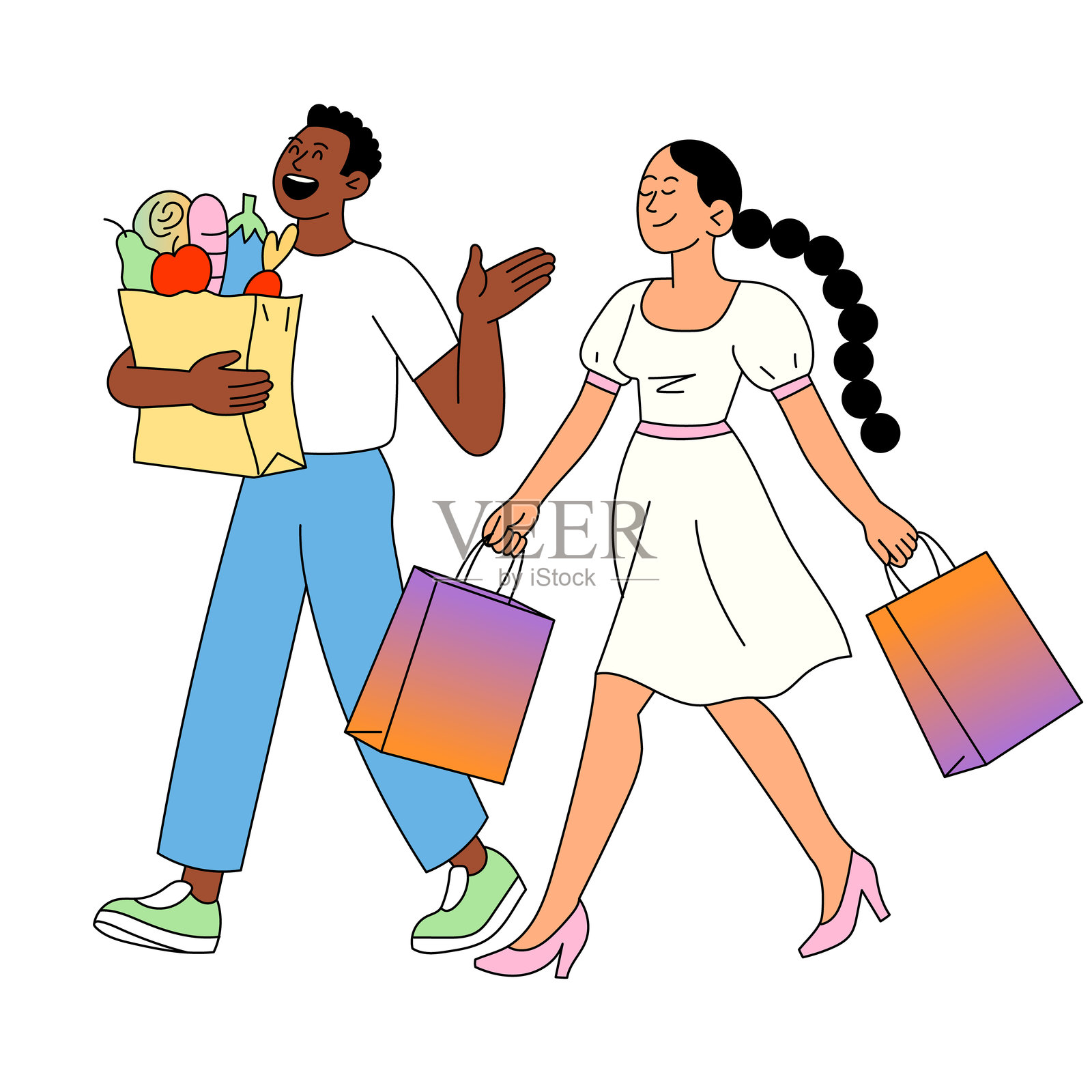 快乐的情侣提着杂货和购物袋散步插画图片素材