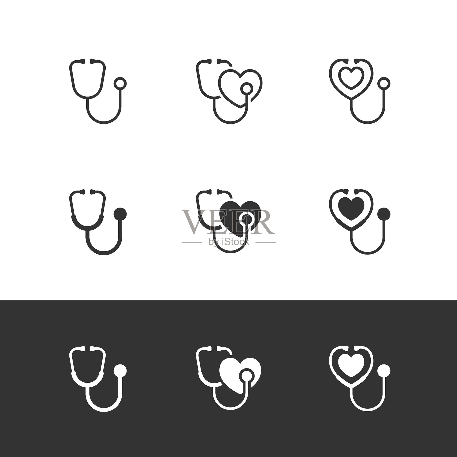 听诊器图标集，包含轮廓和实心样式。物体由白色线条分隔，没有可移动的切割路径以便编辑设计。可编辑的线条。插画图片素材