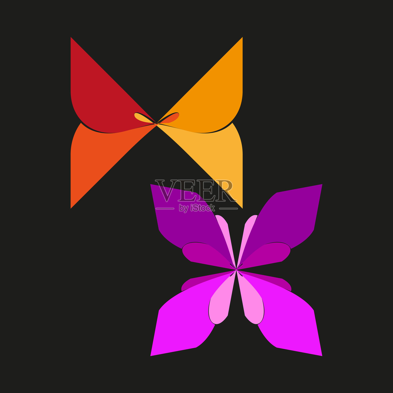 色彩斑斓的蝴蝶形状。抽象的翅膀图案。矢量对称图形。黑色背景对比。插画图片素材