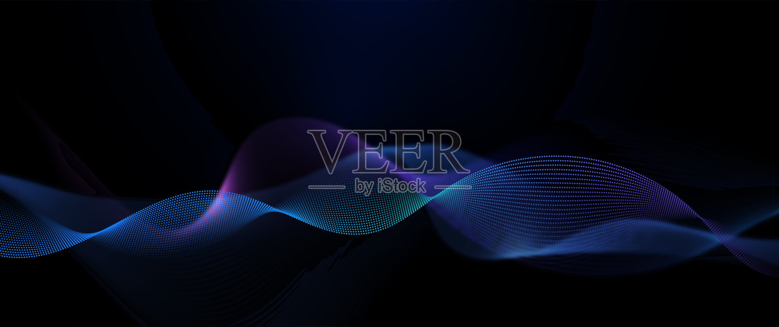 矢量抽象流动波线，粒子点状图案，深蓝渐变背景上的霓虹灯光。插画图片素材