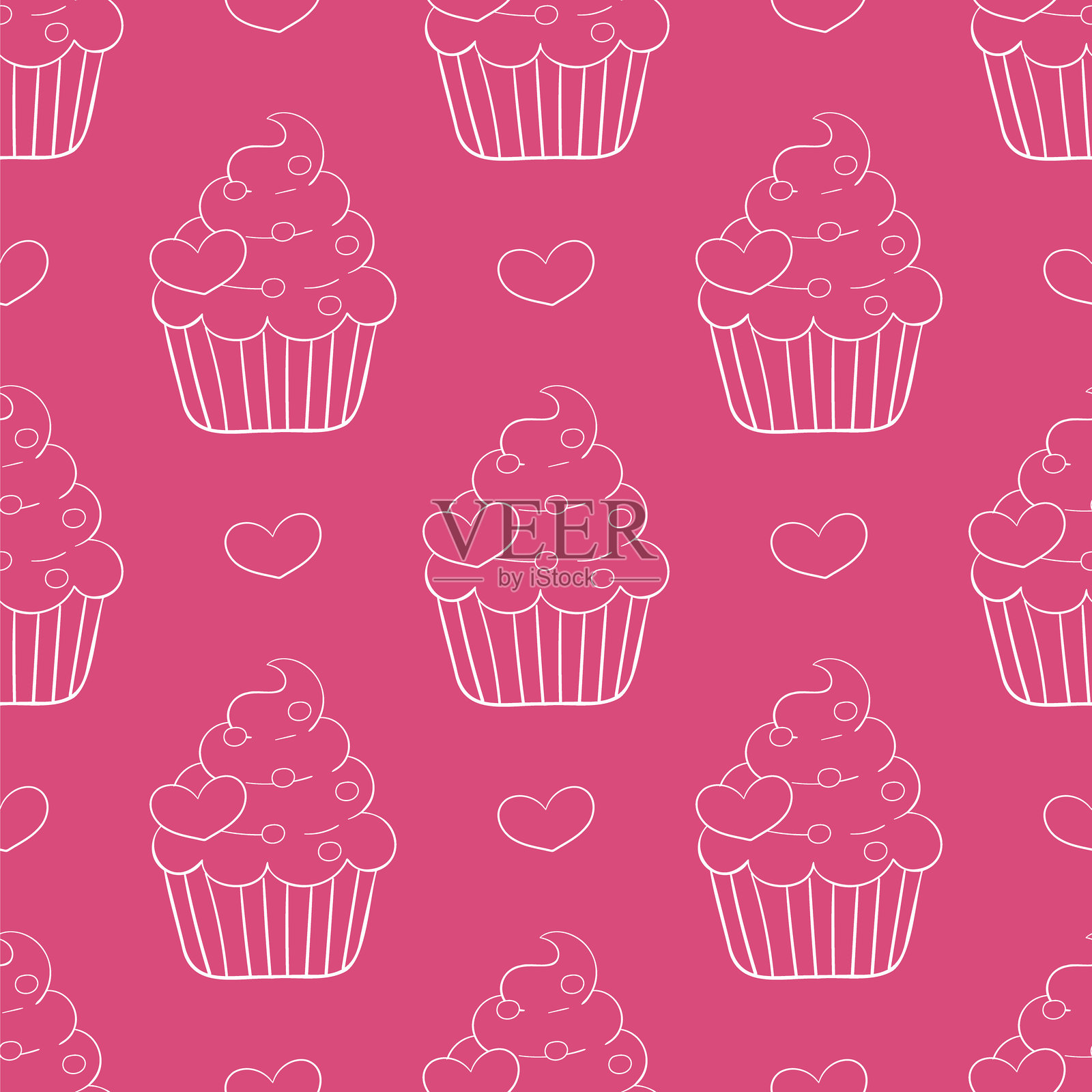 粉色背景上带有心形的奶油杯子蛋糕轮廓无缝图案插画图片素材