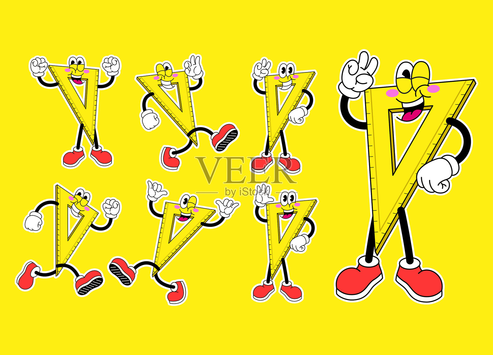 复古风格的快乐三角尺卡通角色集合插画图片素材