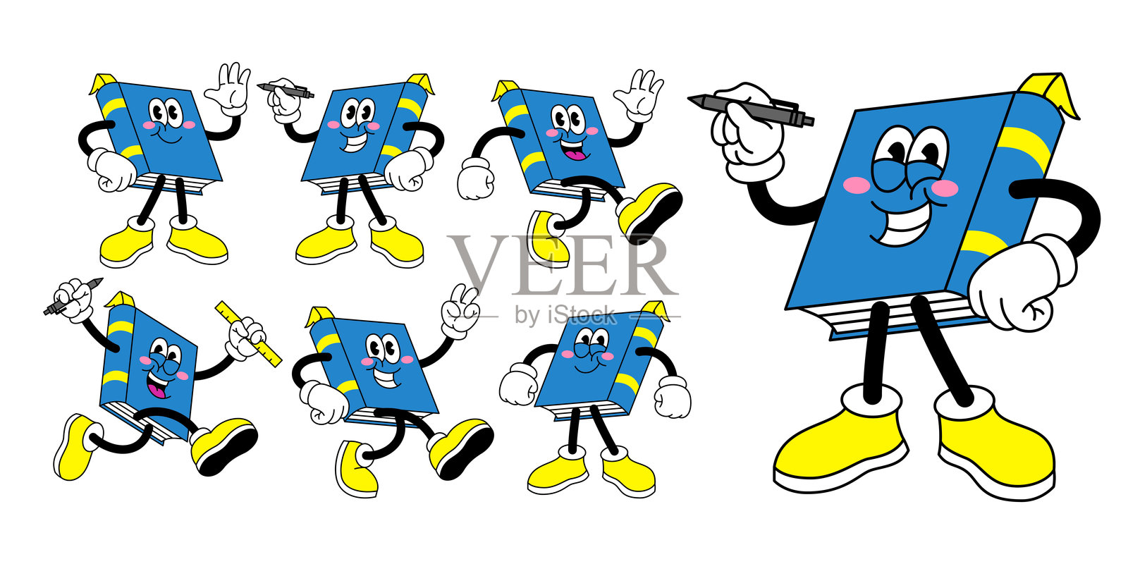 复古风格的快乐书籍角色卡通套装插画图片素材