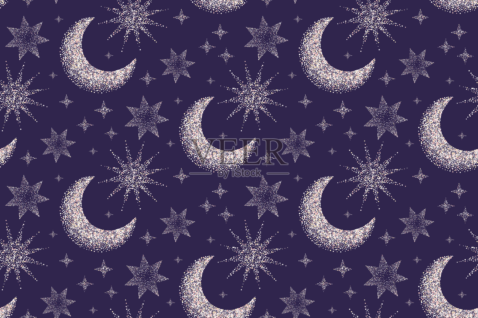 星空无缝矢量图案，深海军蓝背景上的新月和星星，天体主题插画图片素材