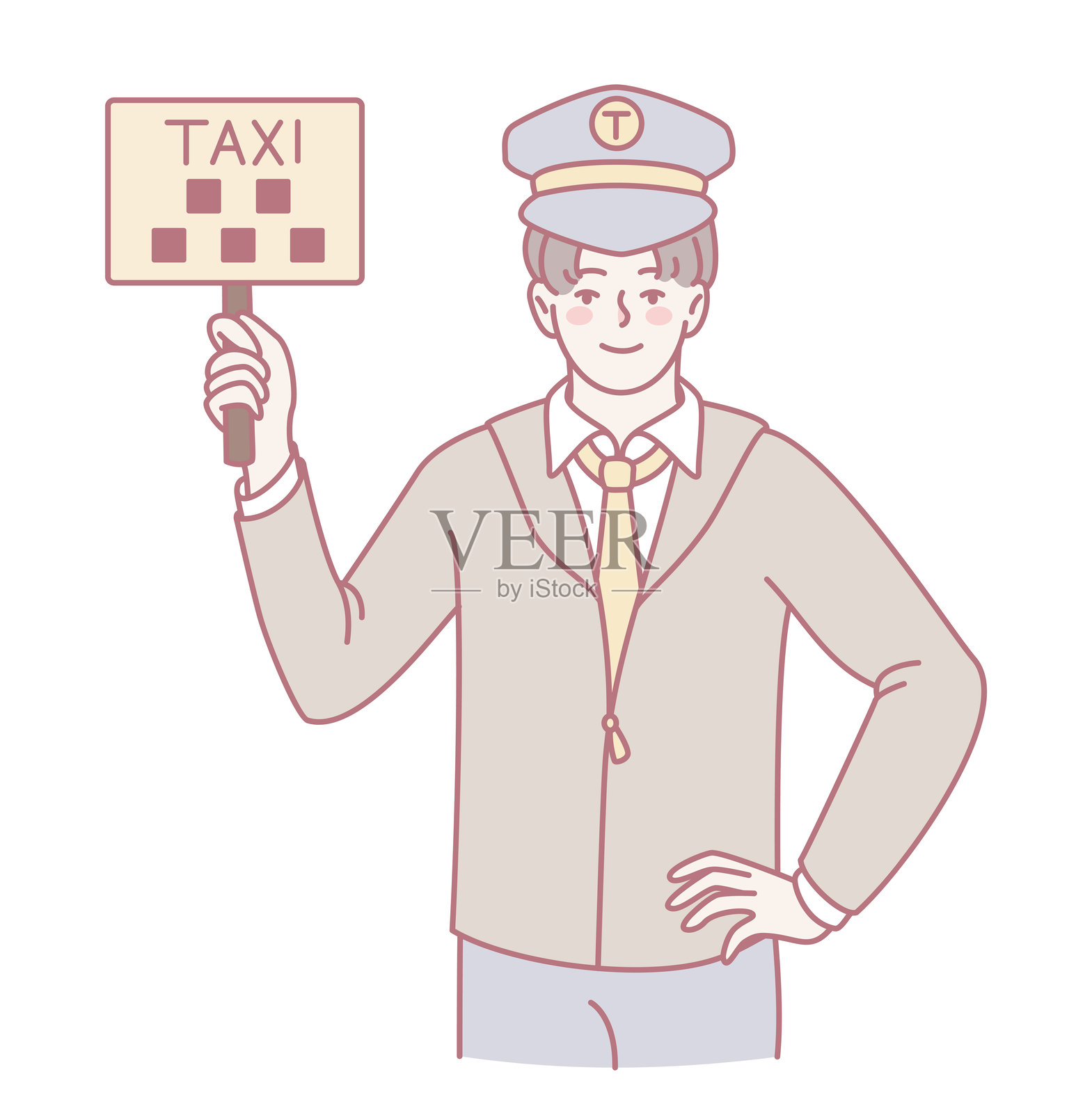 一名出租车司机手持标志，帮助并欢迎在路边等候的乘客。插画图片素材