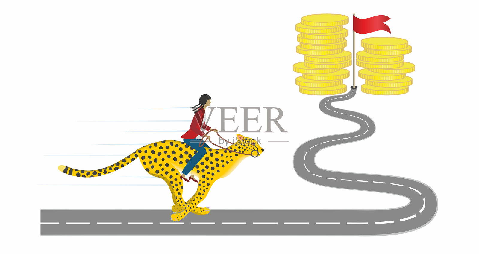 女人尽快赚钱，骑在奔跑的猎豹上。矢量插图。插画图片素材