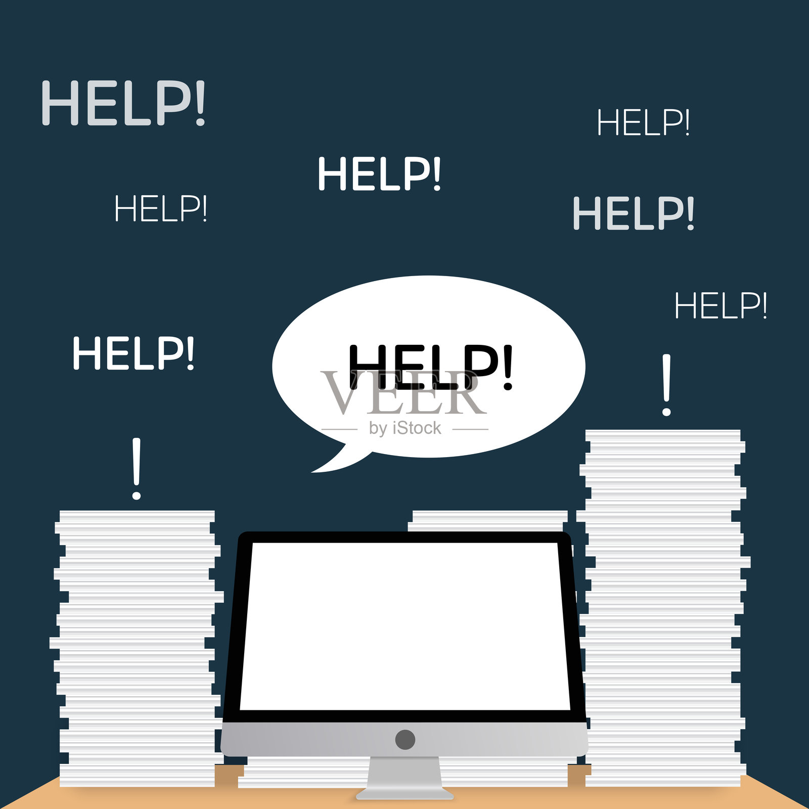 有一堆书籍和文件，以及请求帮助的文字。插画图片素材