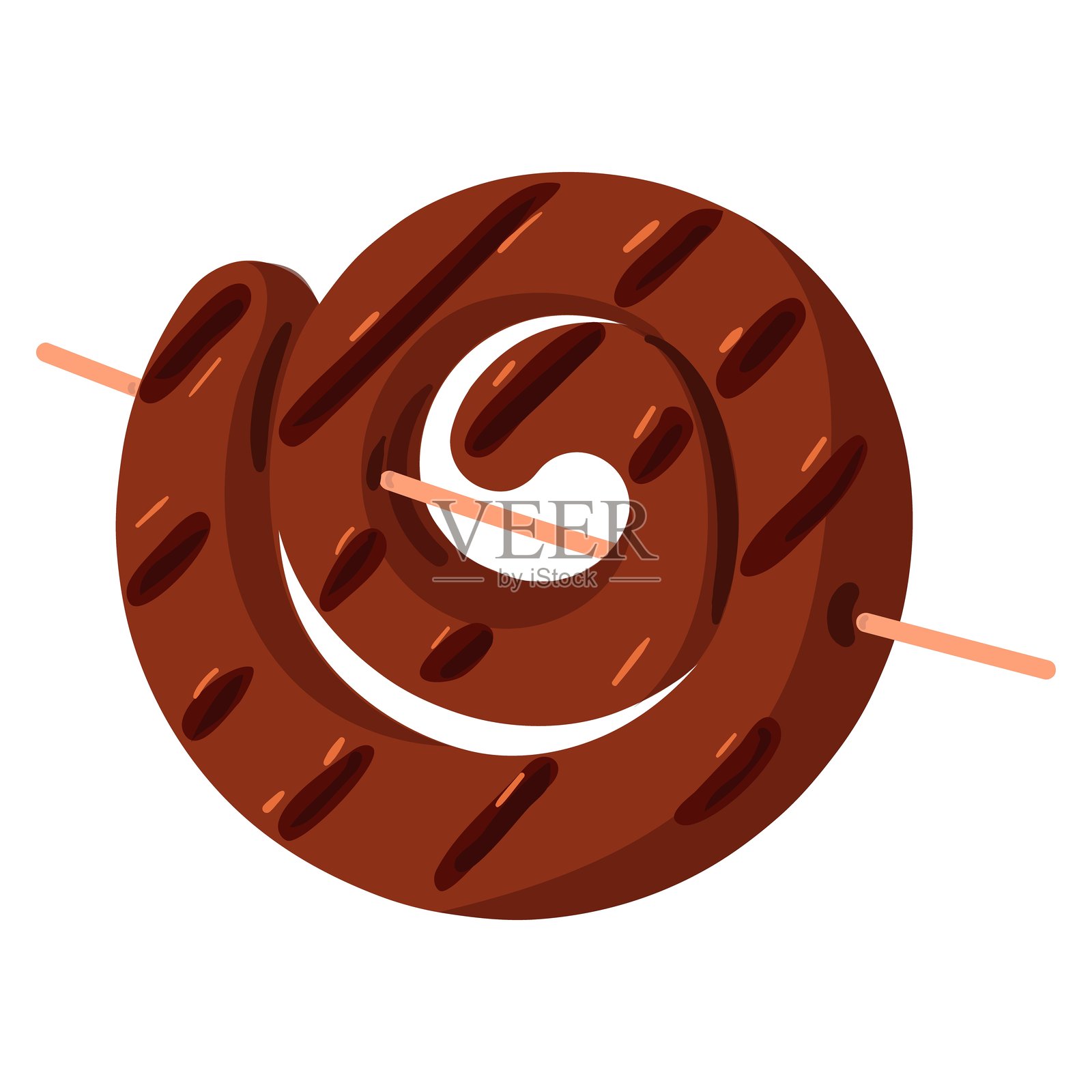 白色背景上，带有烤制条纹的炸扭曲香肠串。适合餐厅的现成肉类菜肴，咖啡馆菜单，带有可复制内容的横幅。插画图片素材