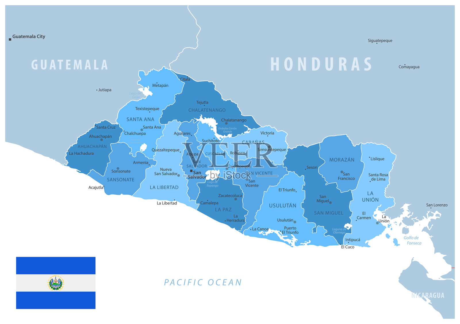 萨尔瓦多 - 详细地图，包含地区、城市和国旗。插画图片素材