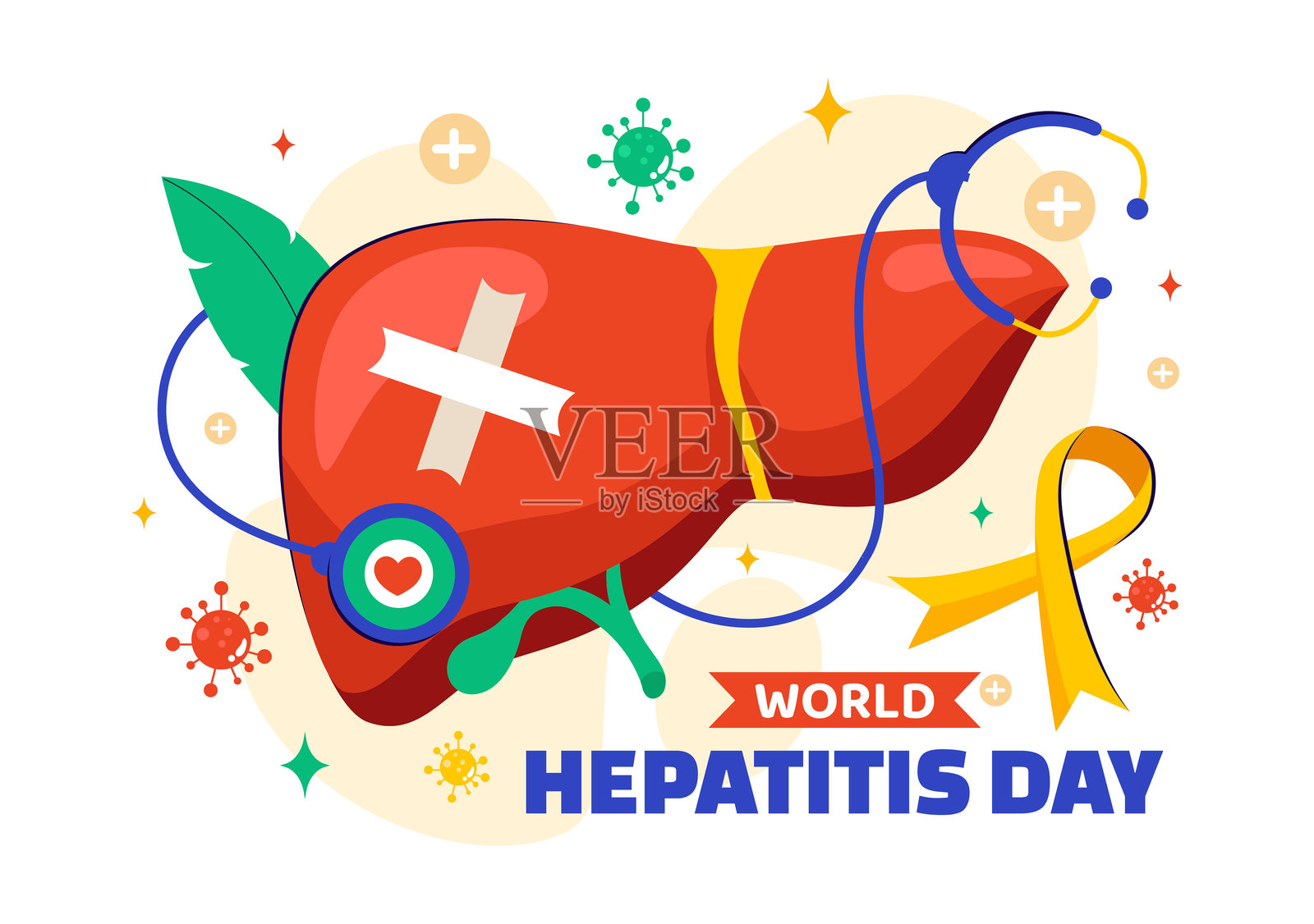 世界肝炎日矢量插图，日期为7月28日，展示了一名患者、病变的肝脏、肝癌和肝硬化，背景为医疗主题。插画图片素材