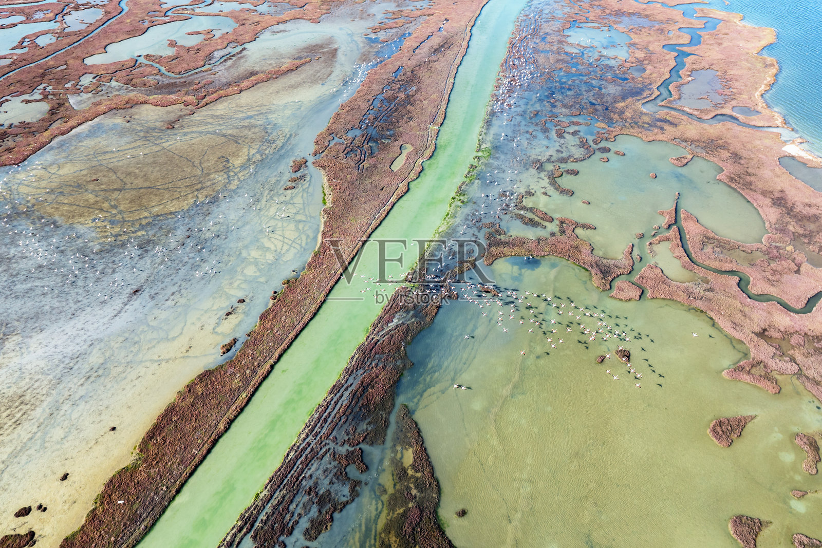 绿色湖泊的水和形状：盐湖、彩色水、湖泊中的生命、地貌、水位下降和即将到来的干旱、全球气候危机、消失的湖泊、无人机视频。照片摄影图片