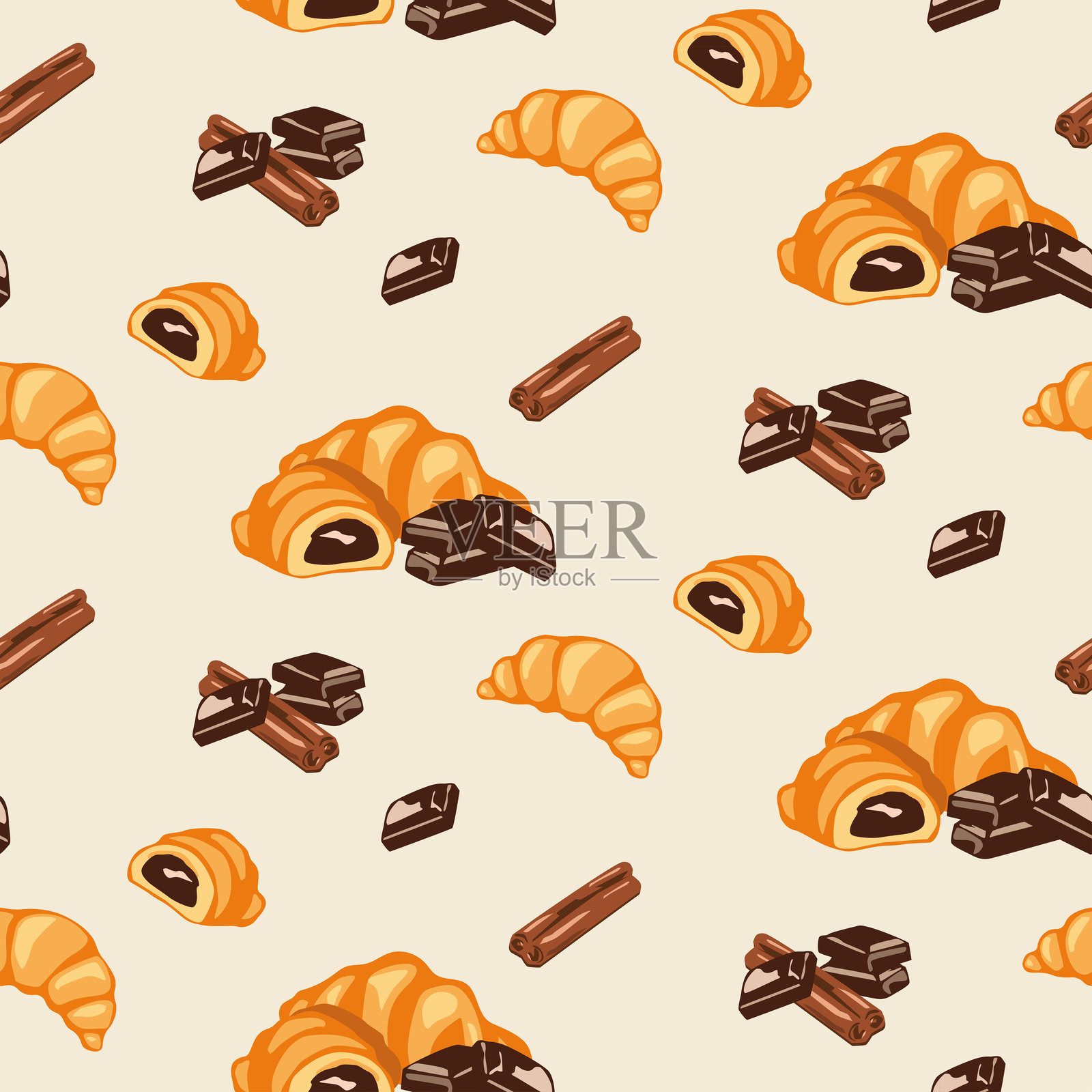 无缝矢量图案 - 美味的可颂面包与浓郁的巧克力插画图片素材