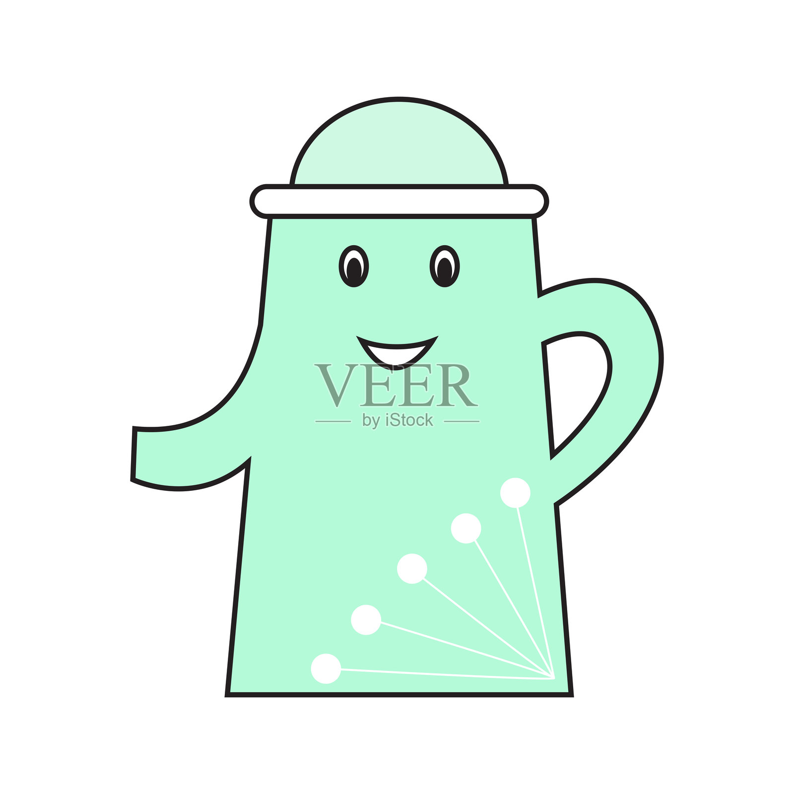 带有微笑脸和点缀装饰的薄荷绿水壶。插画图片素材