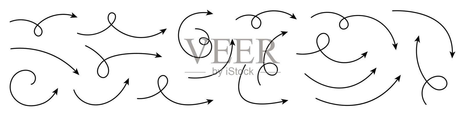 手绘弯曲箭头。手绘箭头集合。插画图片素材