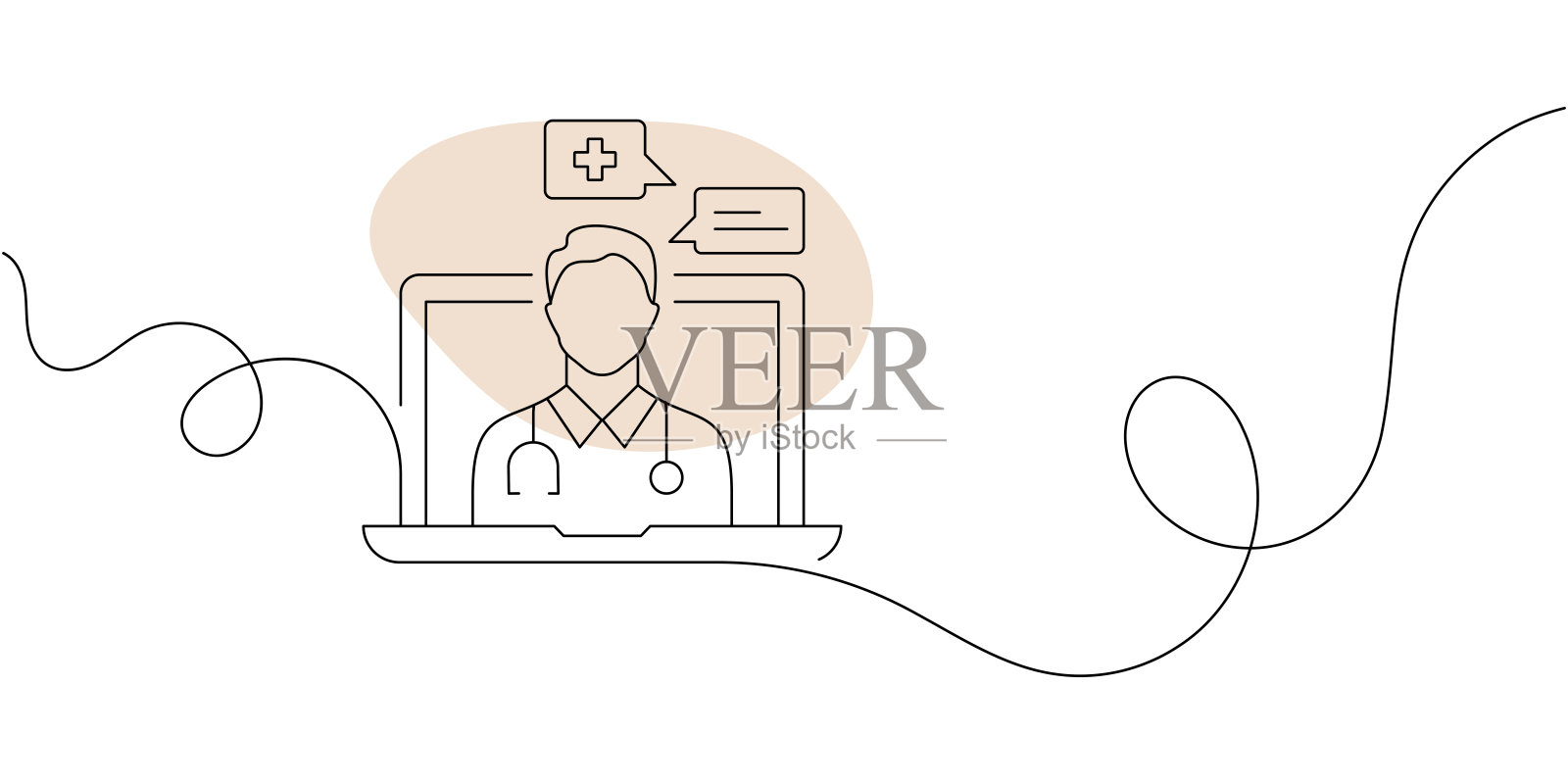 在线医生图标的连续线条绘制。手绘符号矢量插图。插画图片素材