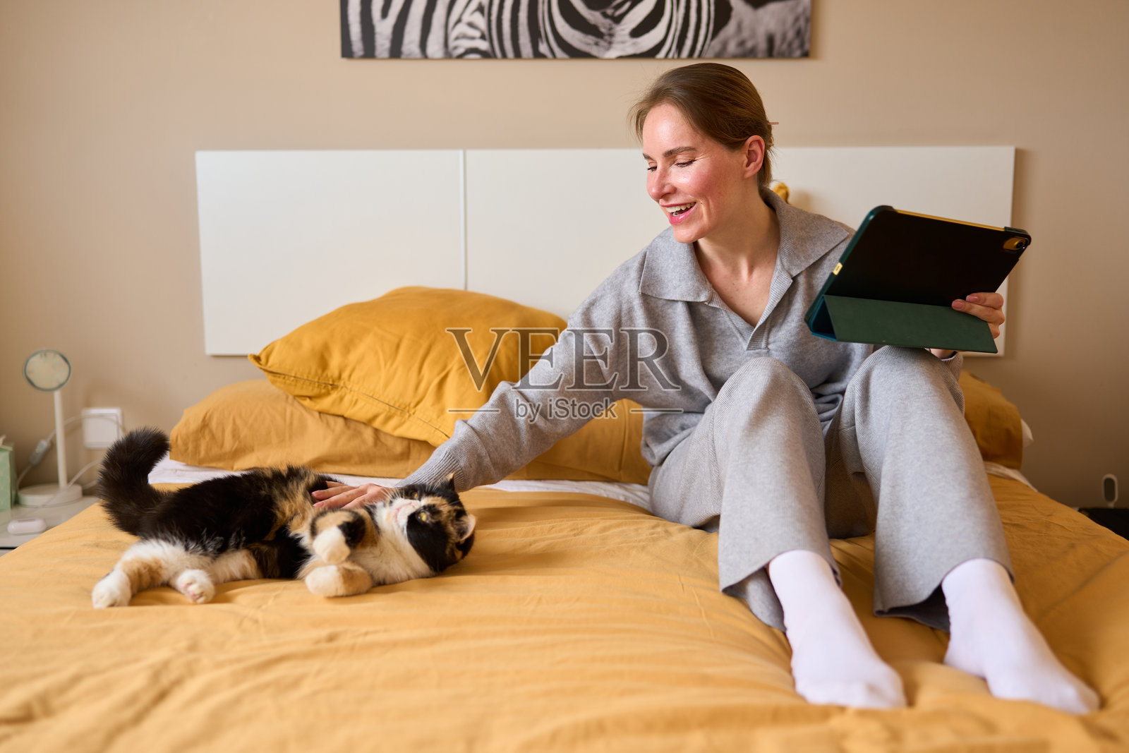 女人在床上放松，和猫咪以及平板电脑一起享受闲暇时光照片摄影图片