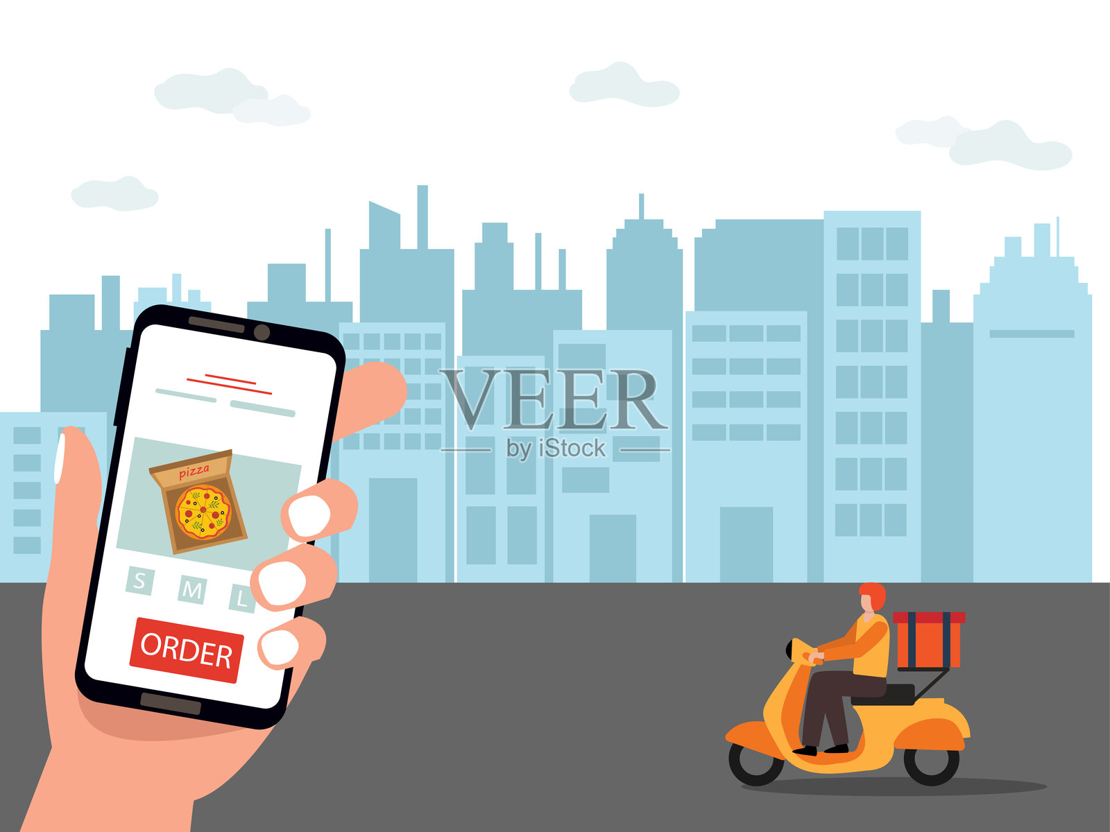 年轻男子骑摩托车进行在线快速配送的矢量插图。插画图片素材