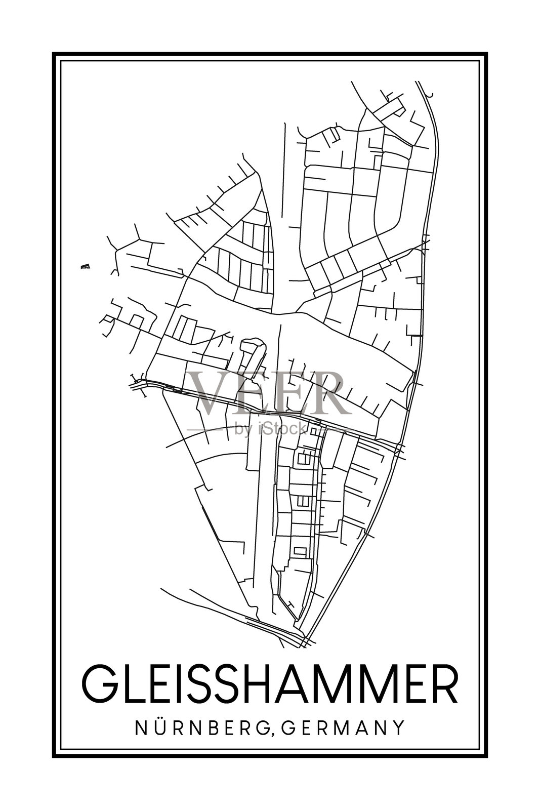 手绘海报印刷的德国纽伦堡GLEISSHAMMER区的道路地图插画图片素材