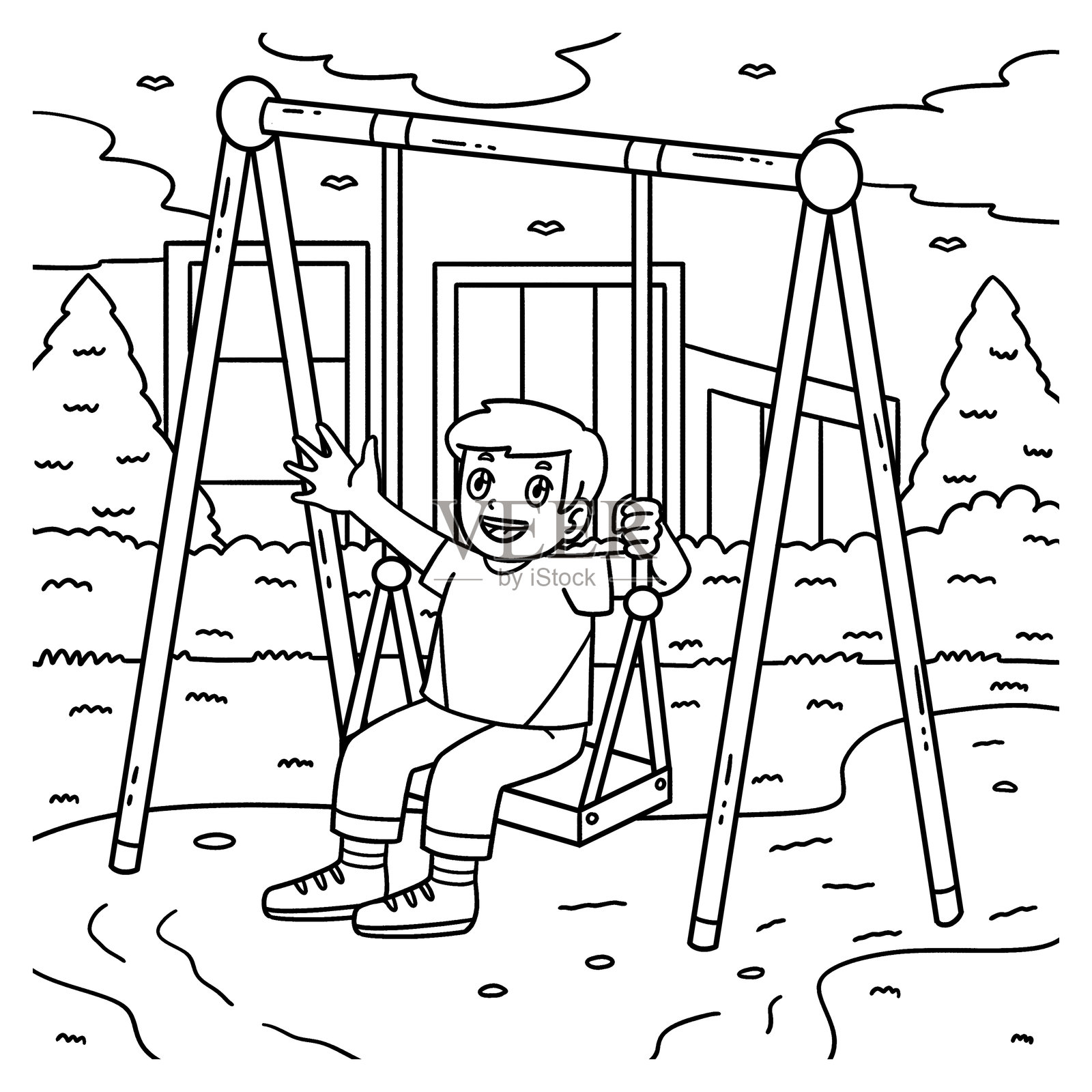 儿童秋千游乐场男孩涂色页插画图片素材