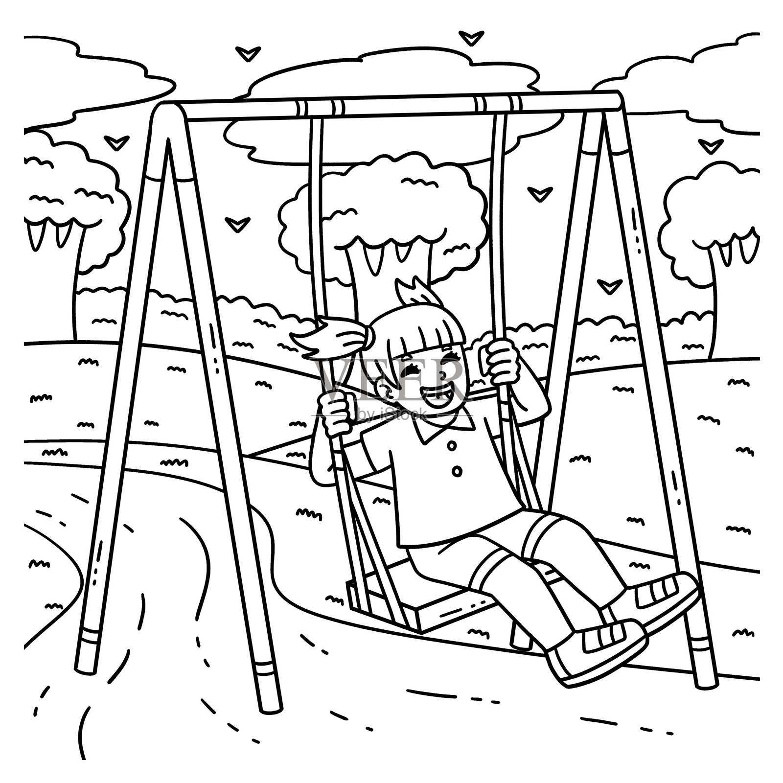 秋千上的女孩儿童涂色页插画图片素材