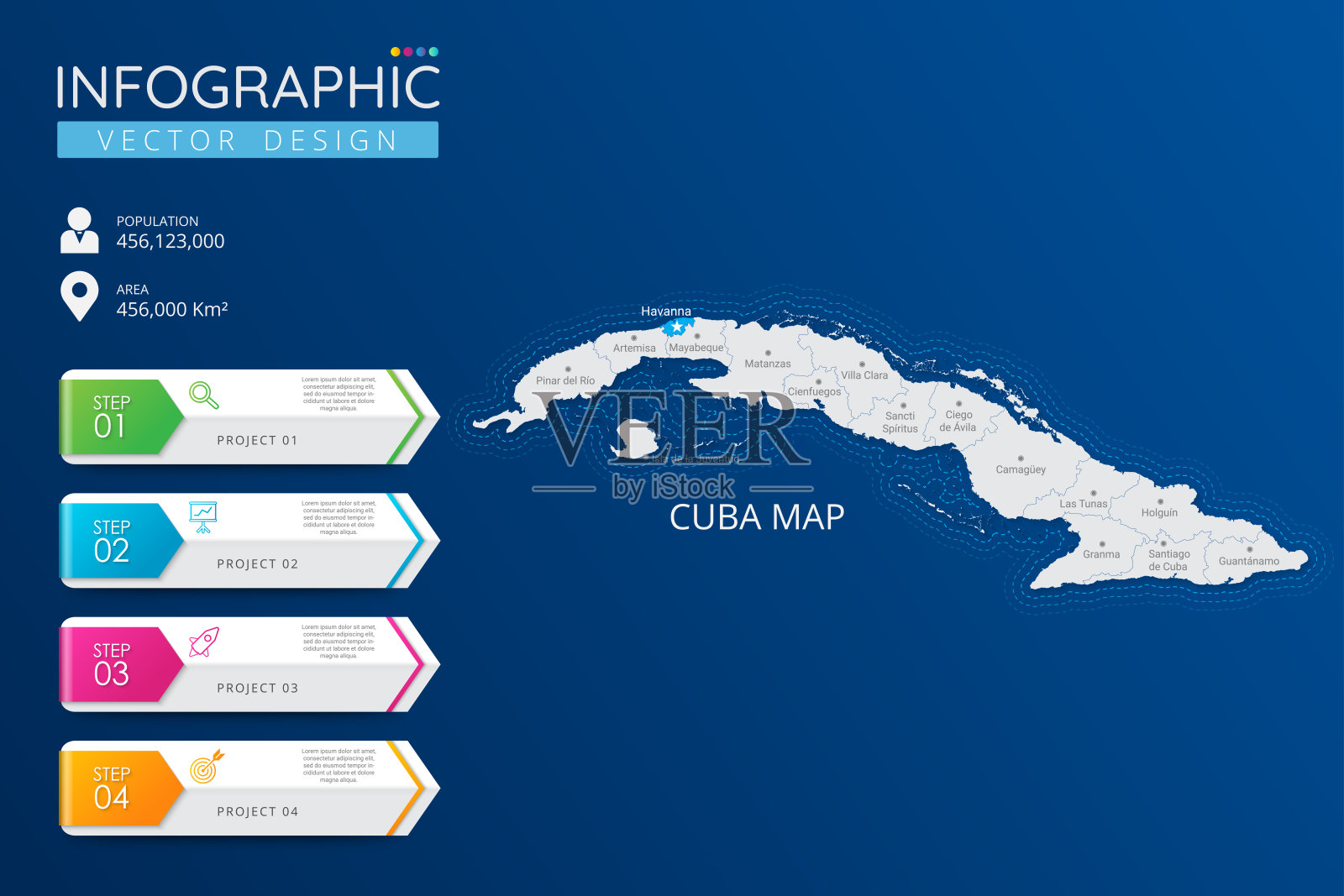 古巴地图，带有位置指示标记。高详细度的国家地图，包含分区、城市和首都的信息图表矢量模板。插画图片素材