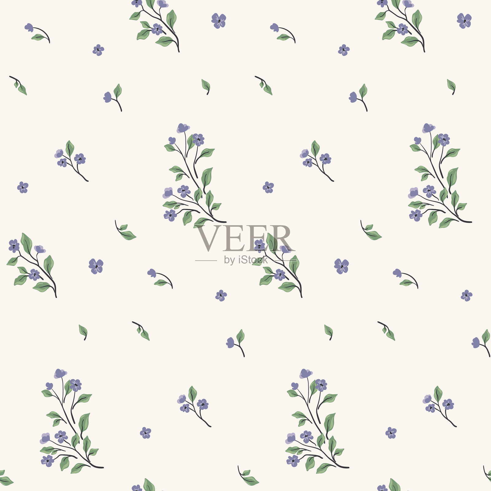 无缝花卉图案，简单的碎花印花。精致的植物设计，包含小叶子、细枝和迷你蓝花，背景为白色。矢量插图。插画图片素材