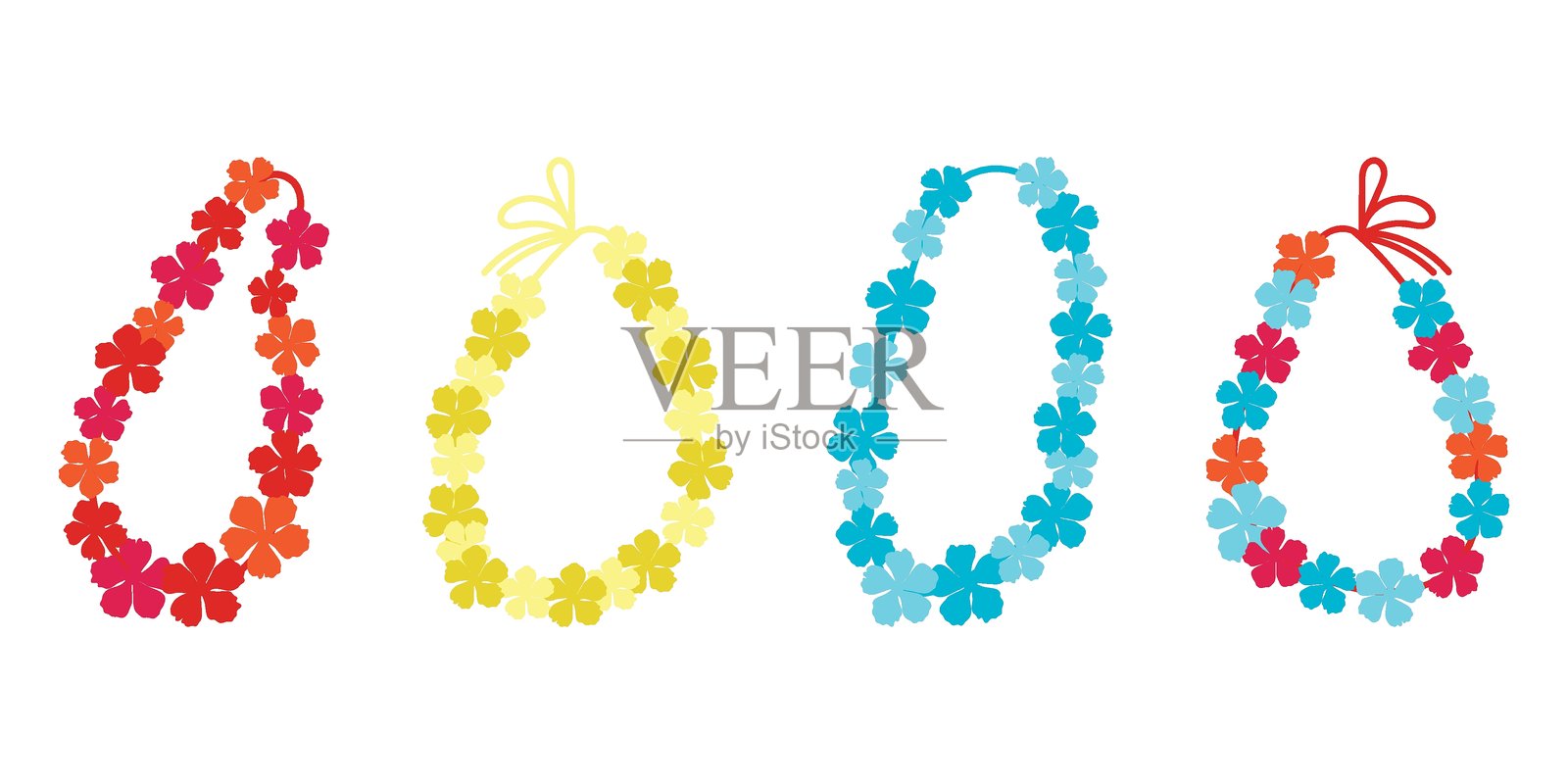 夏威夷花环、花朵花环、夏威夷项链矢量图集。用于卡片、设计、明信片、图标等的花卉花环。插画图片素材