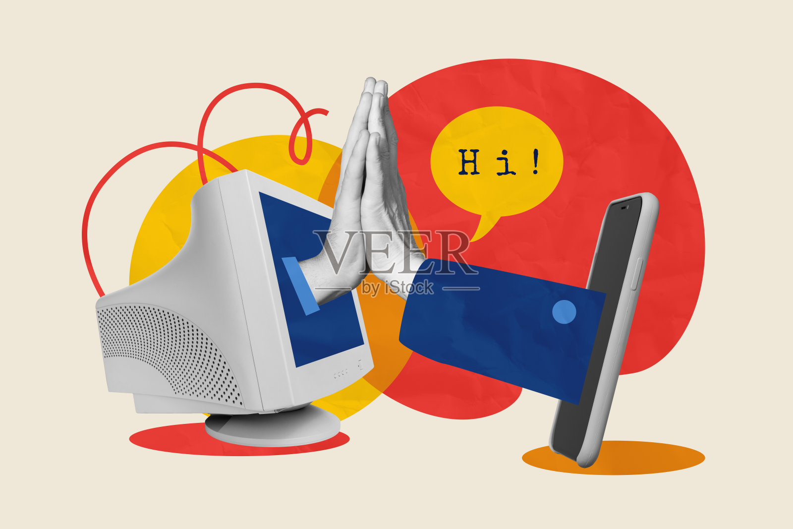 复合照片拼贴，手部做出击掌问候的姿势，远程问候，搭档，电脑，iPhone设备，背景为涂鸦风格。照片摄影图片