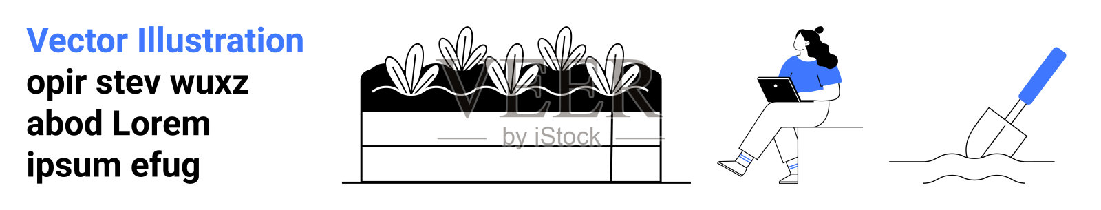 园艺必备：带笔记本电脑和小铲子的园丁，轻松实现户外高效工作插画图片素材