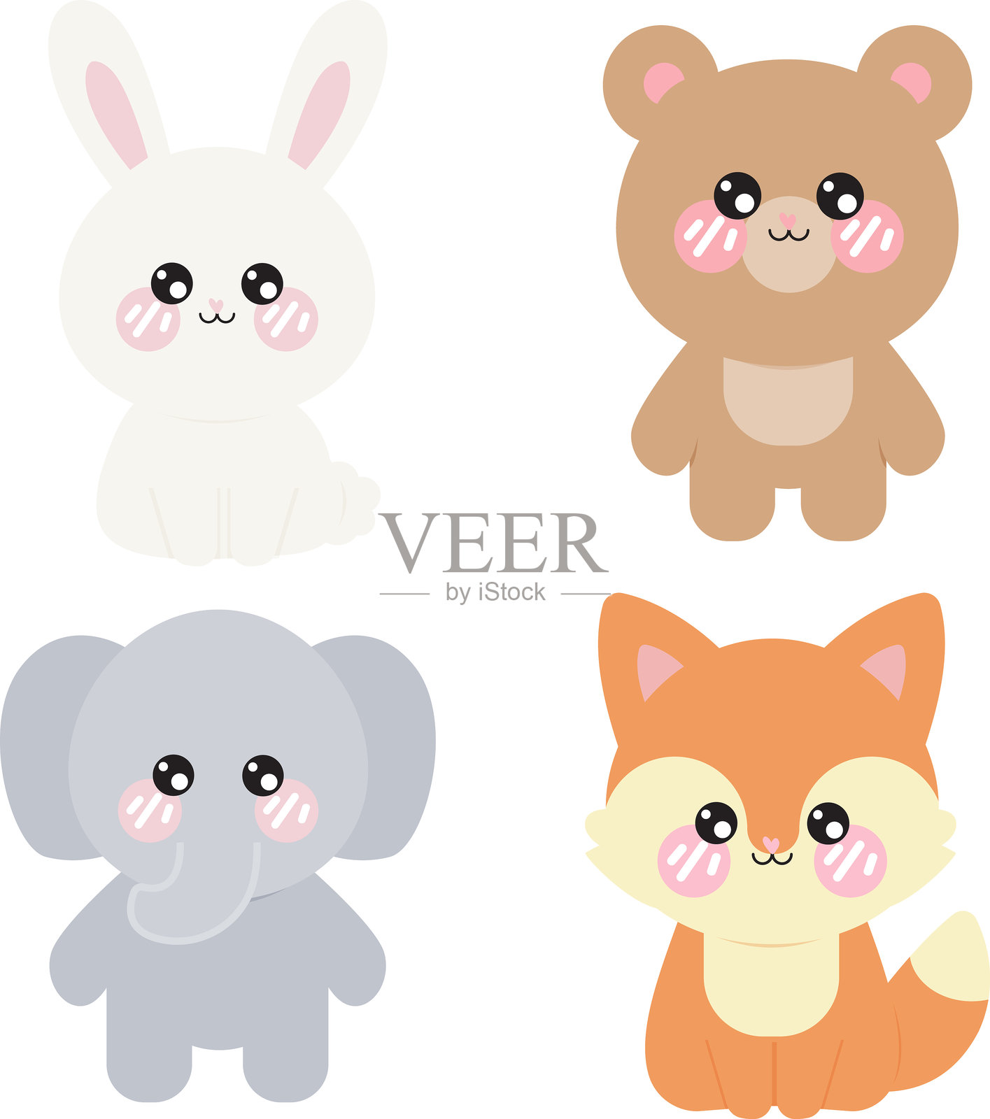 可爱的卡通兔子、熊、象和狐狸的矢量图集插画图片素材