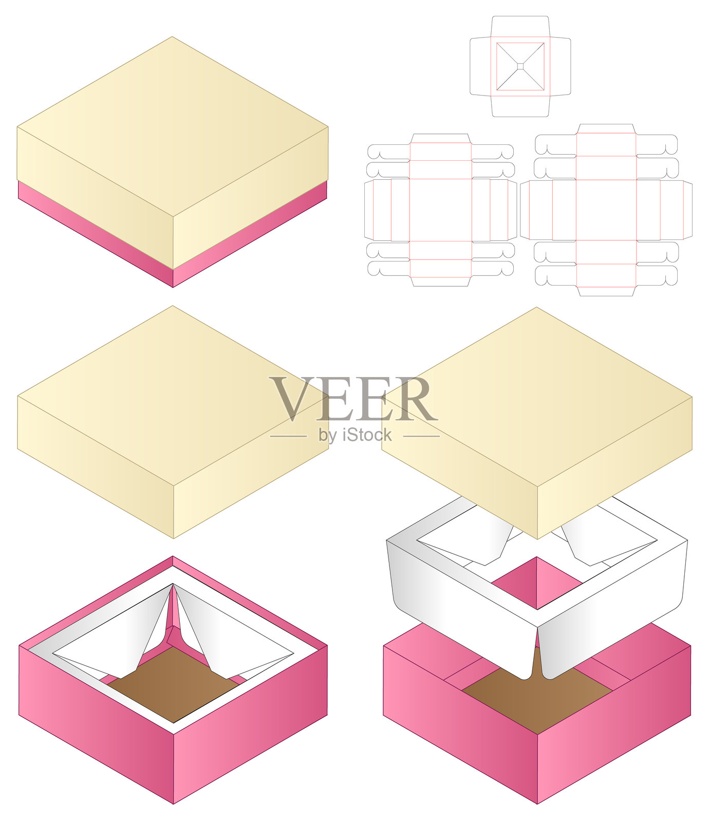 盒子包装模切模板设计。3D效果图插画图片素材