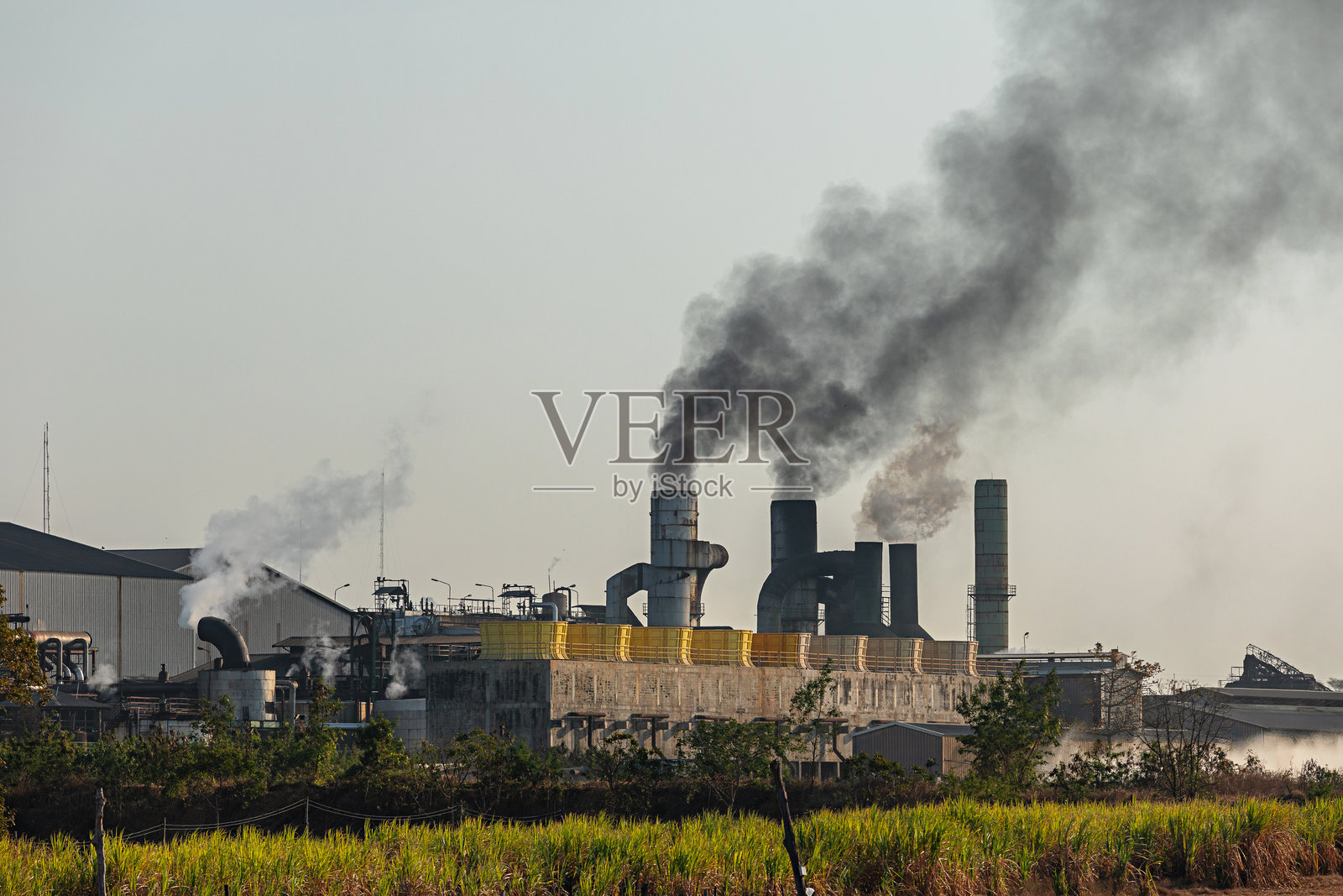 糖厂的烟囱向天空排放碳污染，导致气候变化和环境问题。照片摄影图片