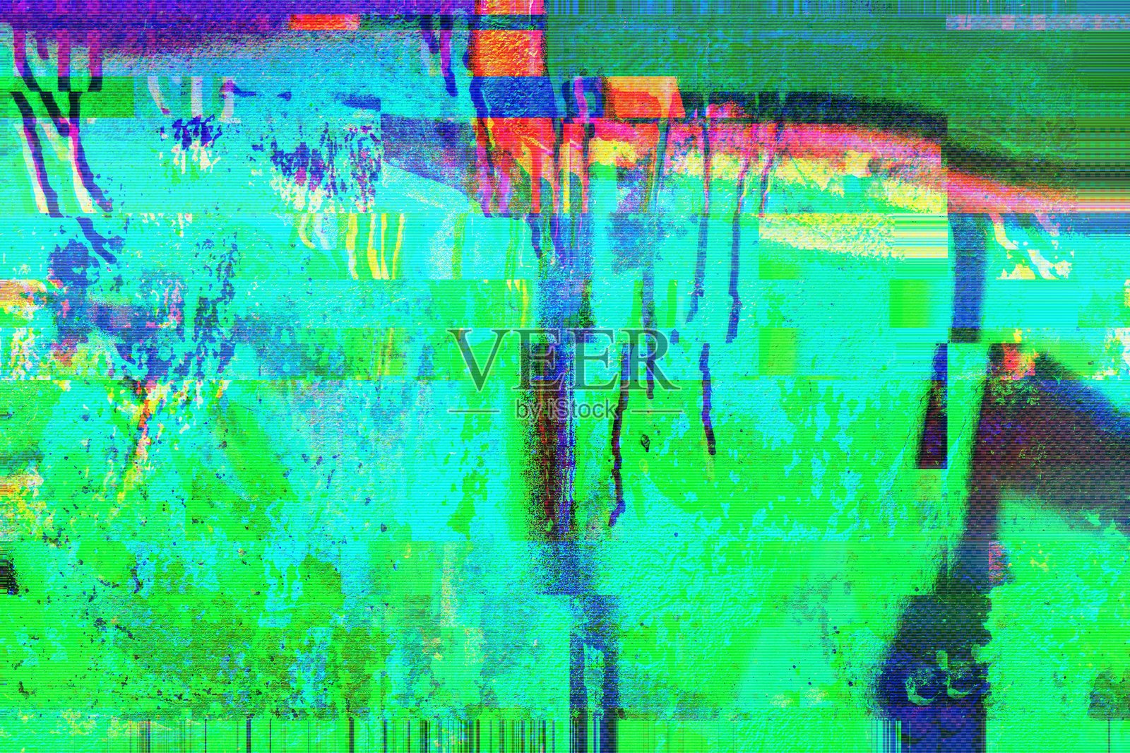 生动的故障纹理，采用霓虹绿、蓝、粉色，适合Y2K和90年代美学插画图片素材