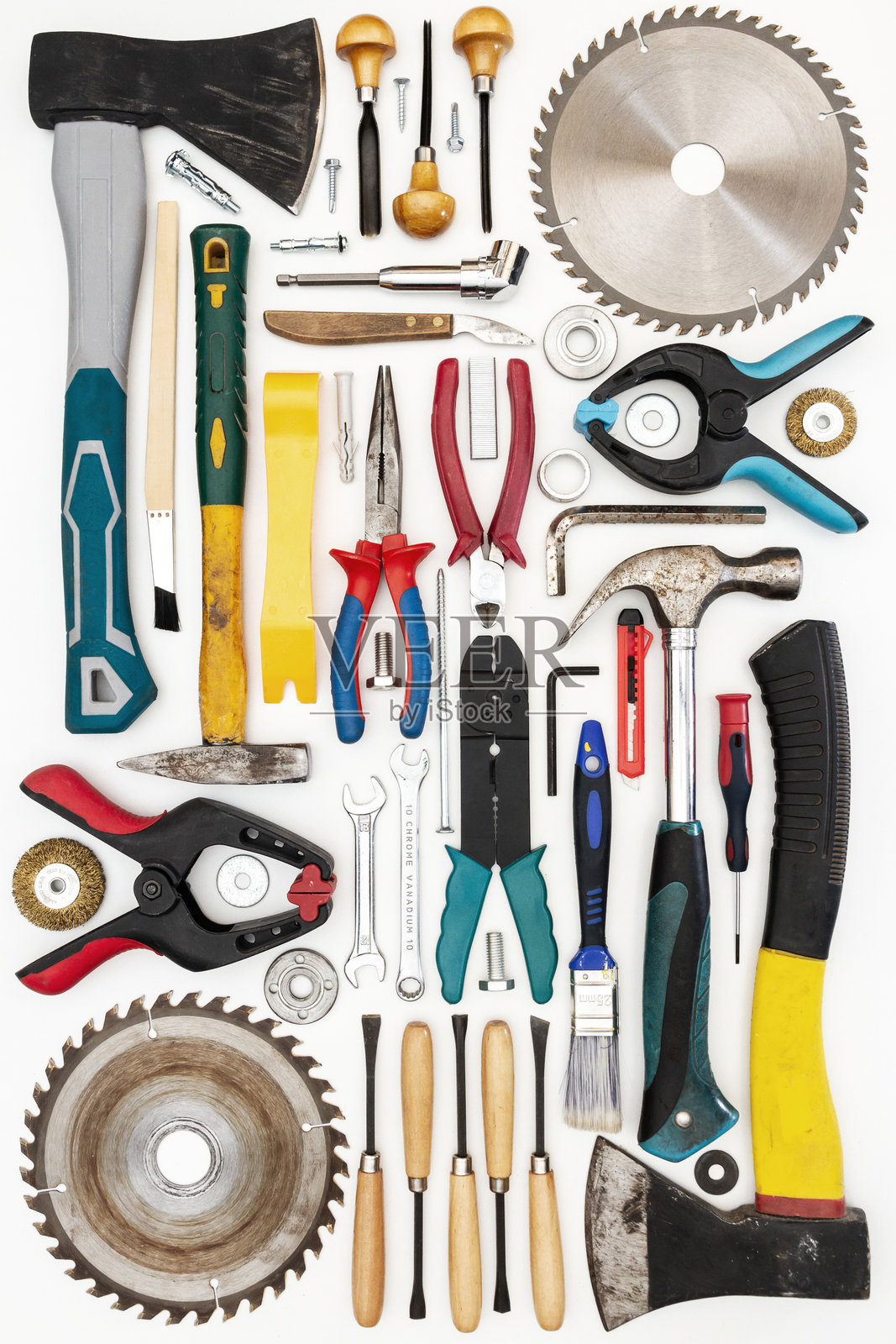 新旧手工具的平铺展示，背景为白色。照片摄影图片