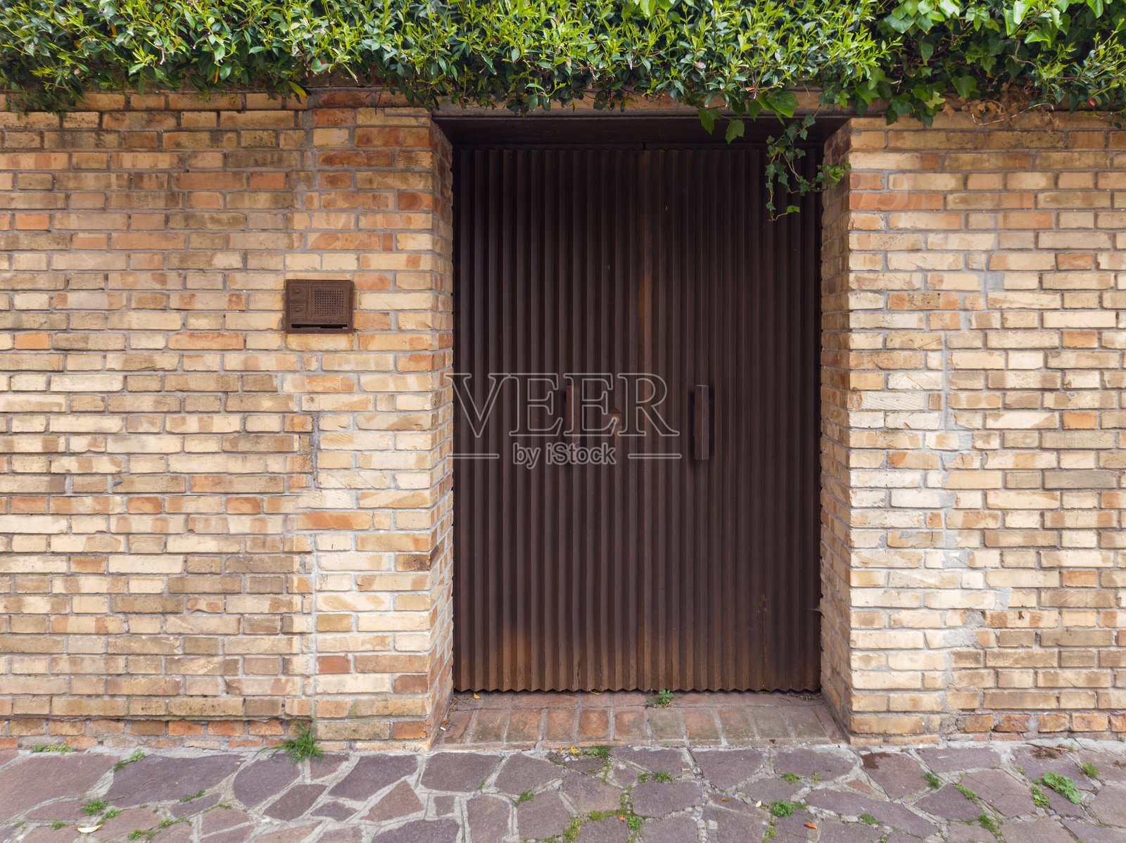 砖墙上的波纹金属门与常春藤照片摄影图片