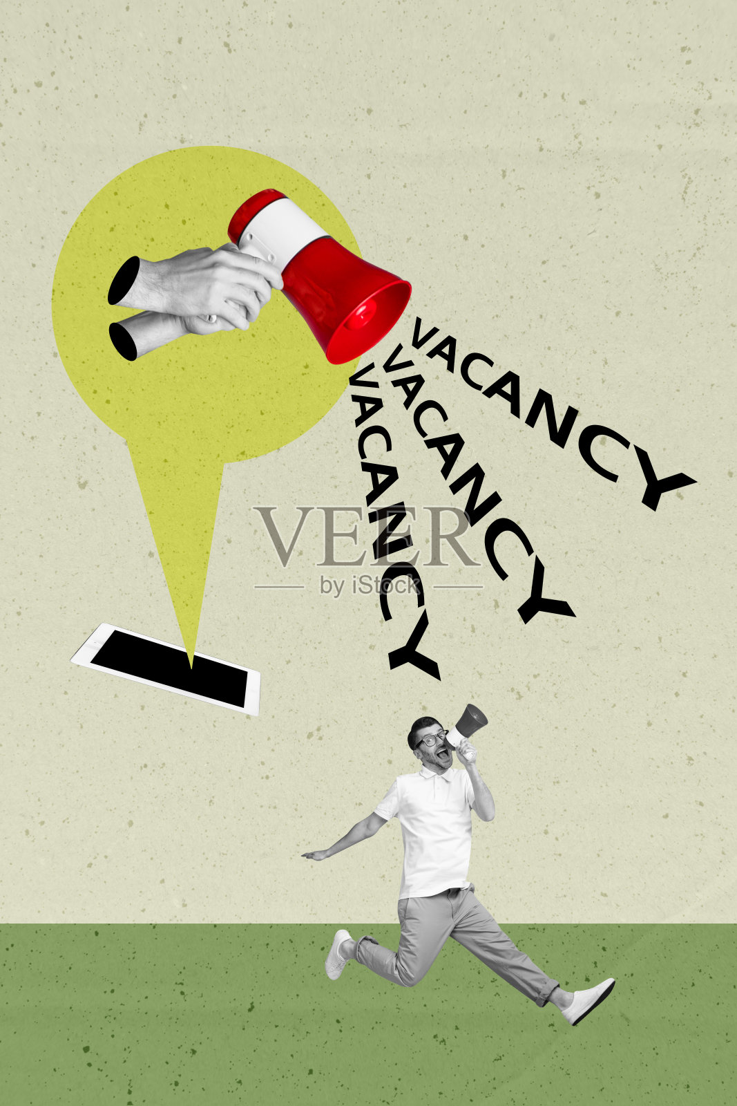 创意图形拼贴，展示人们在绿色背景下用扩音器喊出招聘信息照片摄影图片